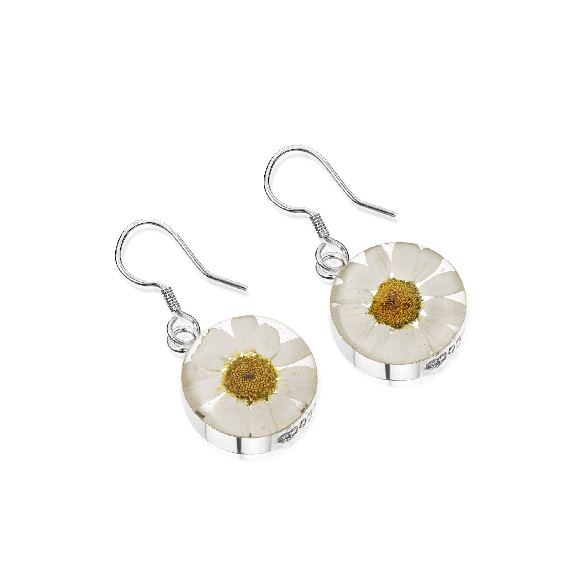 Elegant drop earrings featuring real daisies encased in sterling silver, showcasing a unique and natural design.