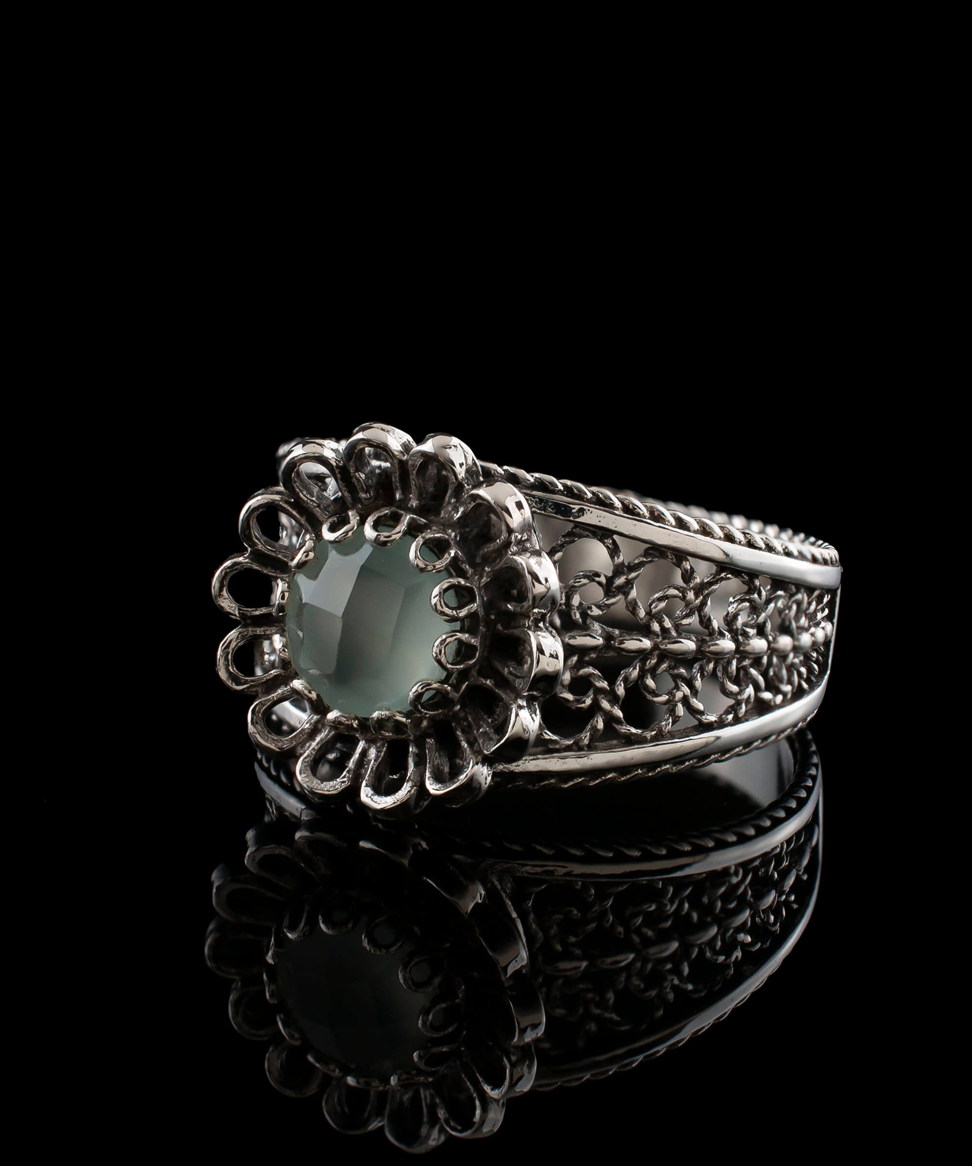 Daisy Figured Aqua Chalcedony Gemstone Filigree Art Women Silver Ring featuring intricate filigree design and a round faceted aqua chalcedony gemstone.