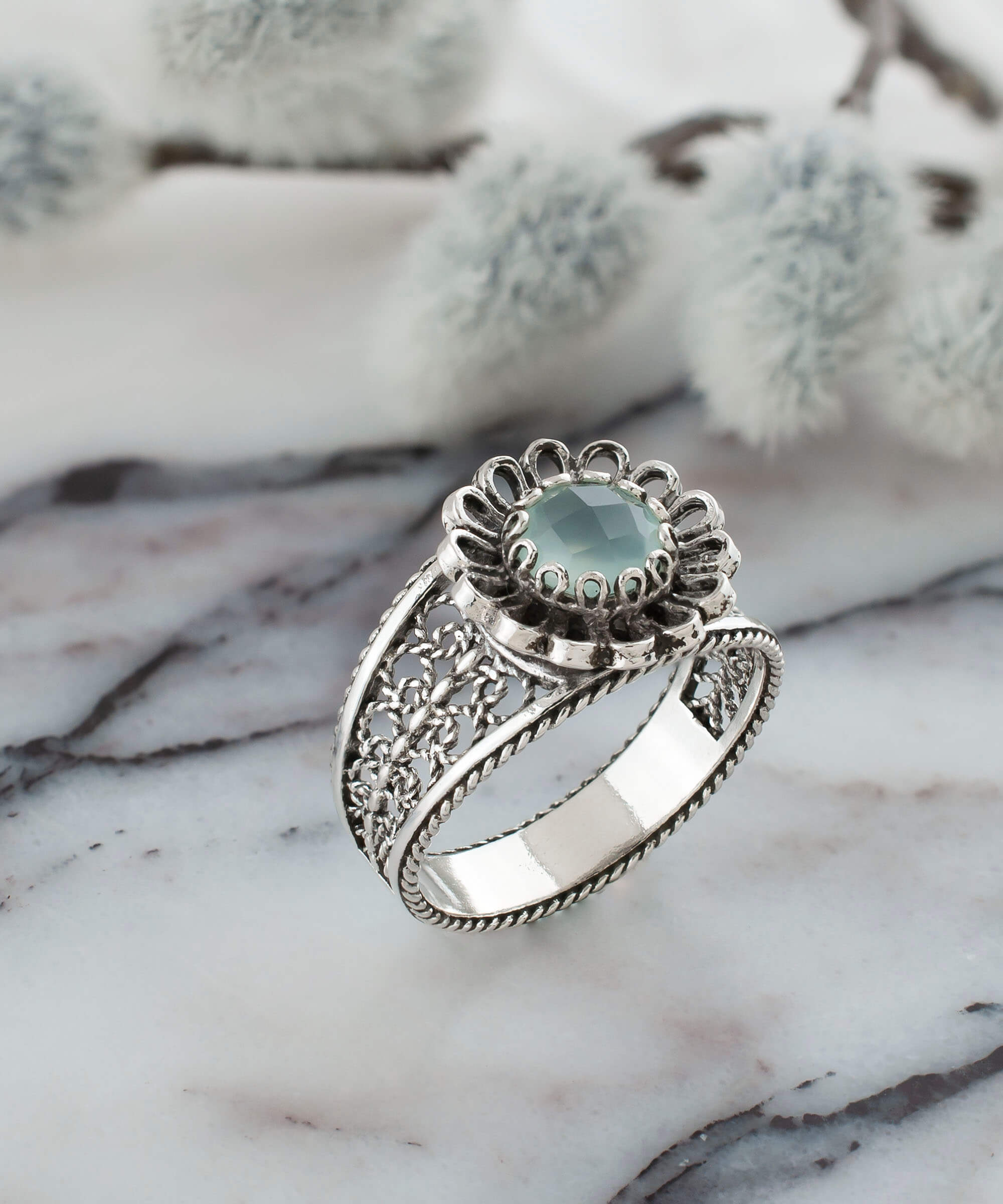 Daisy Figured Aqua Chalcedony Gemstone Filigree Art Women Silver Ring featuring intricate filigree design and a round faceted aqua chalcedony gemstone.