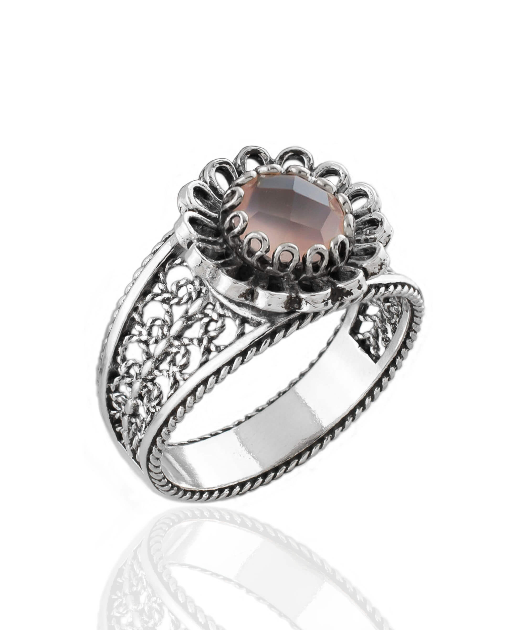 Daisy Figured Pink Chalcedony Gemstone Filigree Art Ring in sterling silver with a pink gemstone centerpiece.