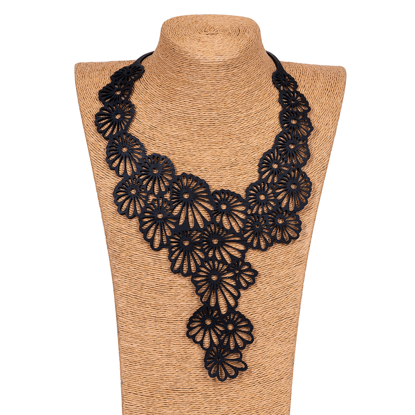 Daisy Statement Inner Tube Necklace made from reclaimed rubber, featuring a unique floral design and durable cord.
