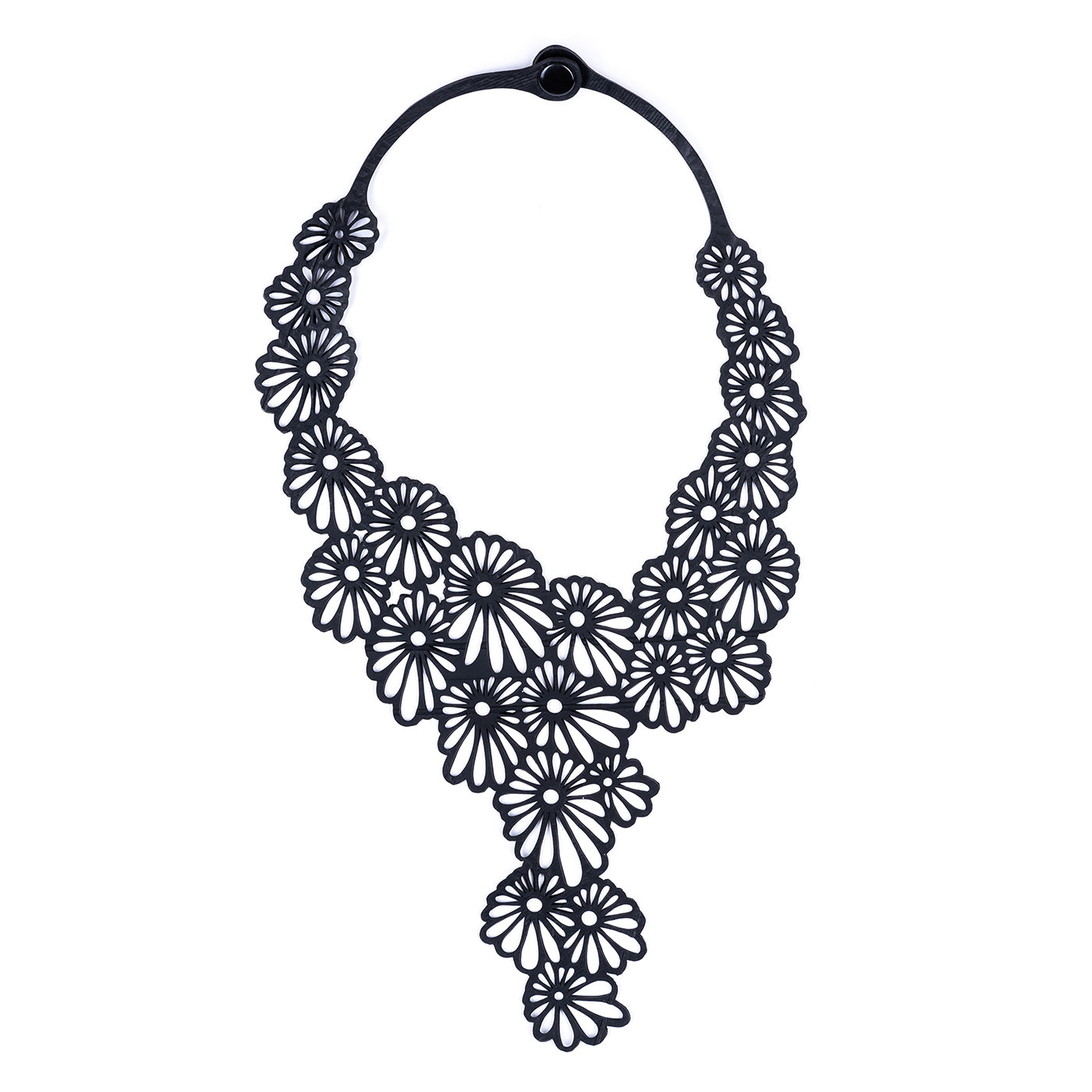 Daisy Statement Inner Tube Necklace made from reclaimed rubber, featuring a unique floral design and durable cord.