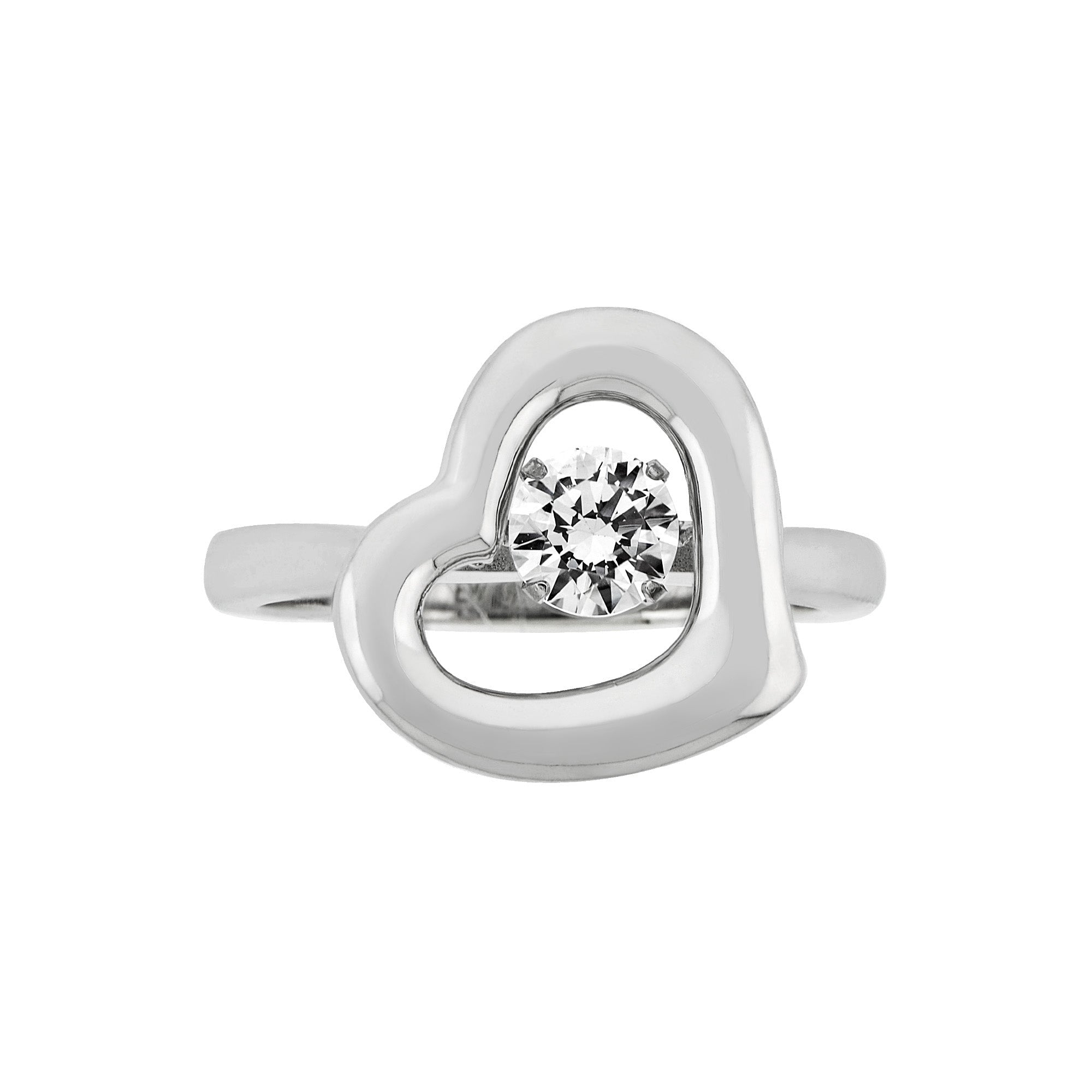 A stunning Dancing Heart Ring made of 925 sterling silver with a white sapphire stone, showcasing a heart design.