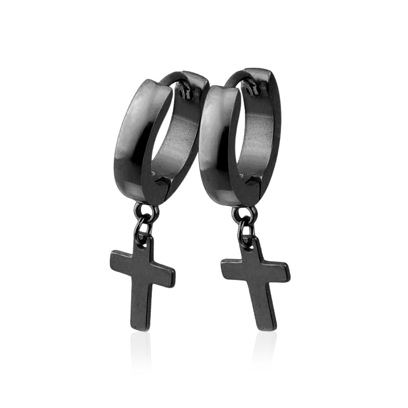 Elegant black huggie earrings featuring a dangling cross design, perfect for stylish accessorizing.