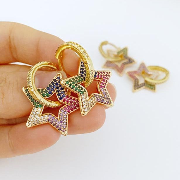 A pair of elegant gold Dangle Star Earrings featuring rainbow zircon stones, perfect for special occasions like Valentine's Day and weddings.