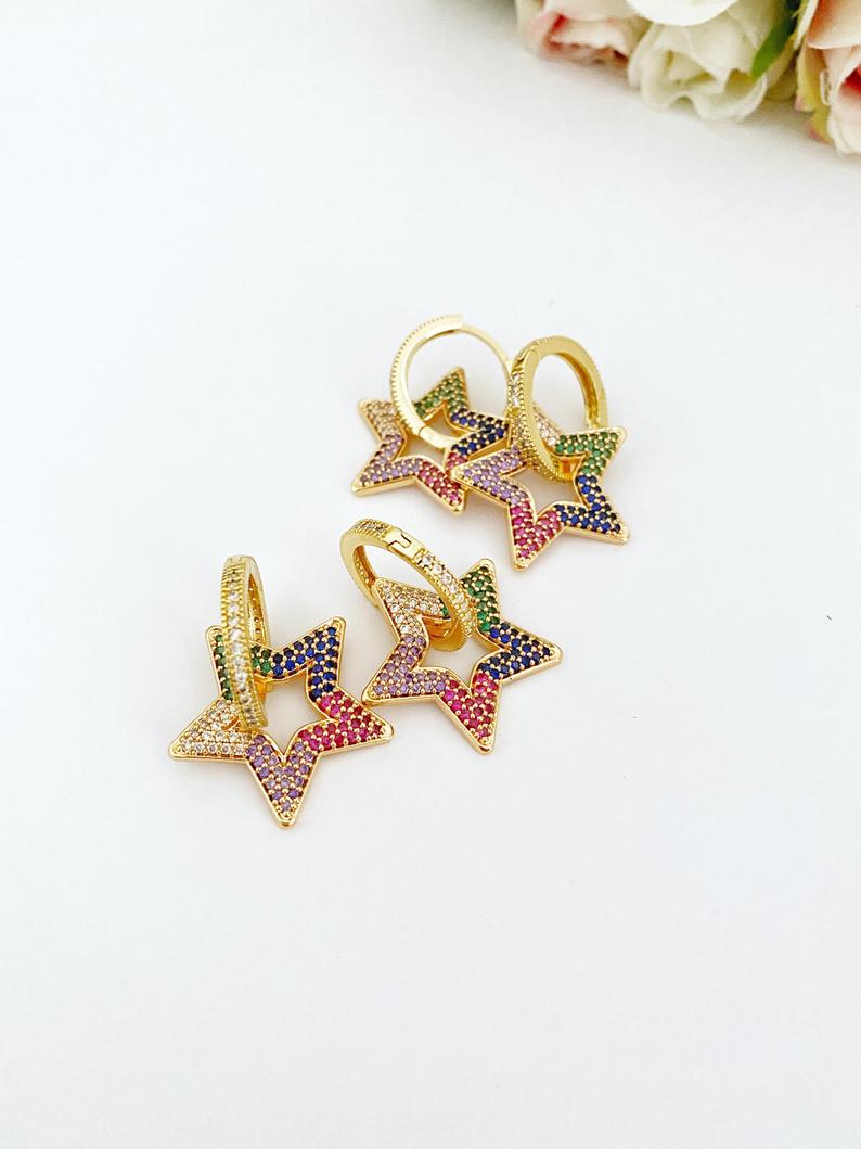 A pair of elegant gold Dangle Star Earrings featuring rainbow zircon stones, perfect for special occasions like Valentine's Day and weddings.