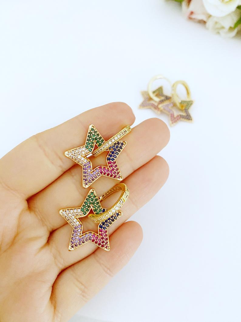 A pair of elegant gold Dangle Star Earrings featuring rainbow zircon stones, perfect for special occasions like Valentine's Day and weddings.