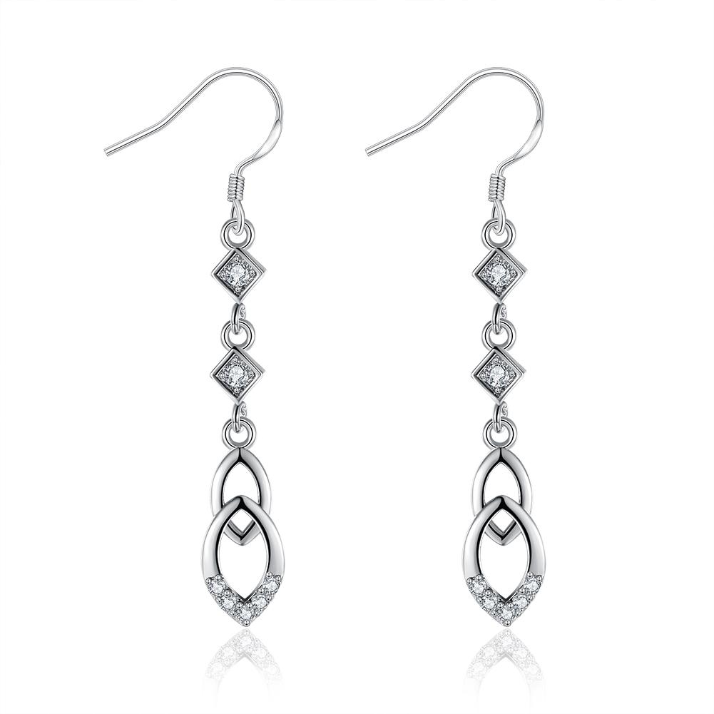 Elegant dangling infinity drop earrings made with certified crystals and 18K white gold plating, showcasing a sophisticated design.