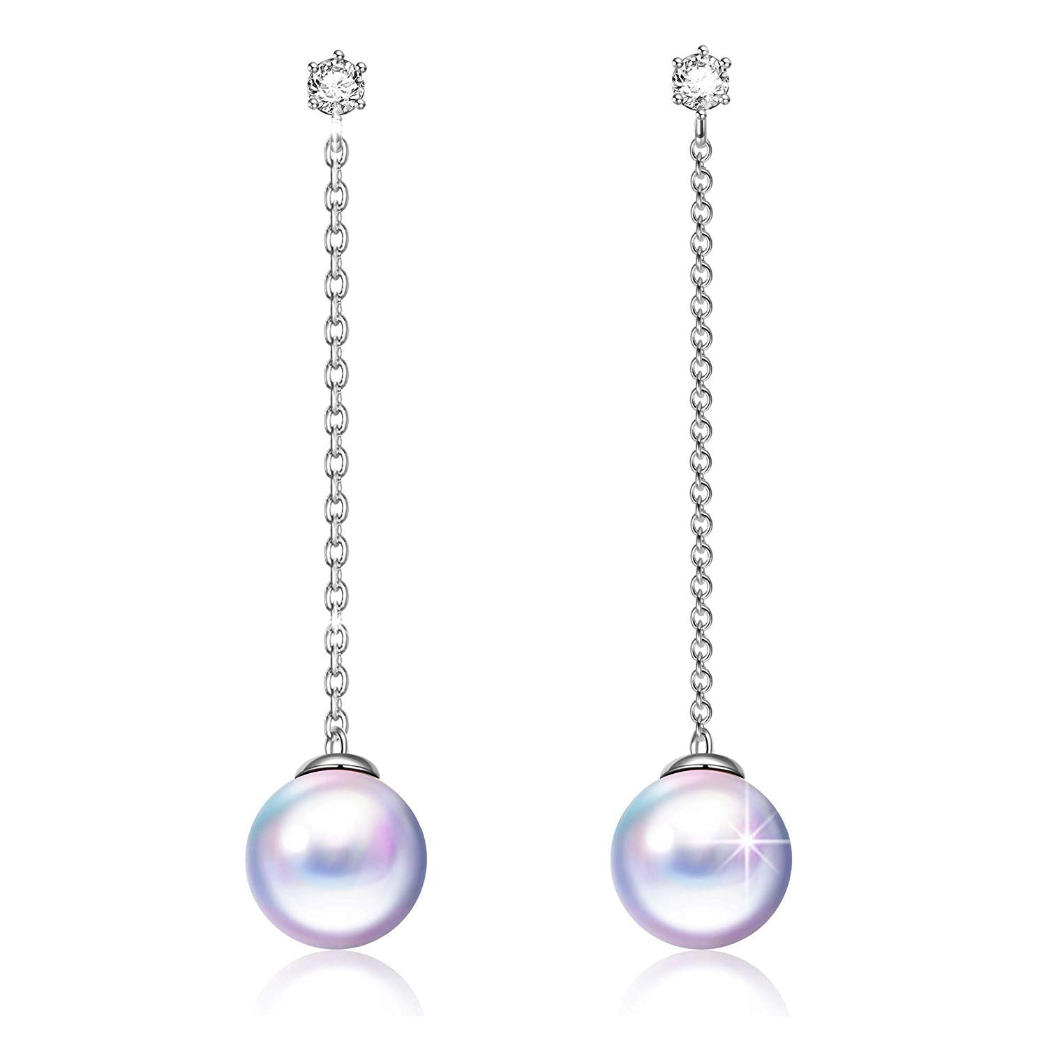 Dangling mock pearl crystal earrings featuring round freshwater pearls and white crystals, set in 14K white gold plated brass.