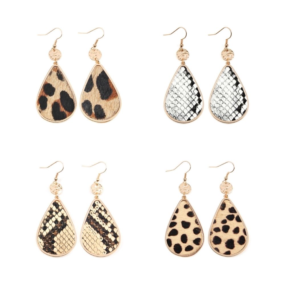 Dangling teardrop earrings featuring animal skin leather inset, showcasing a stylish design perfect for various occasions.