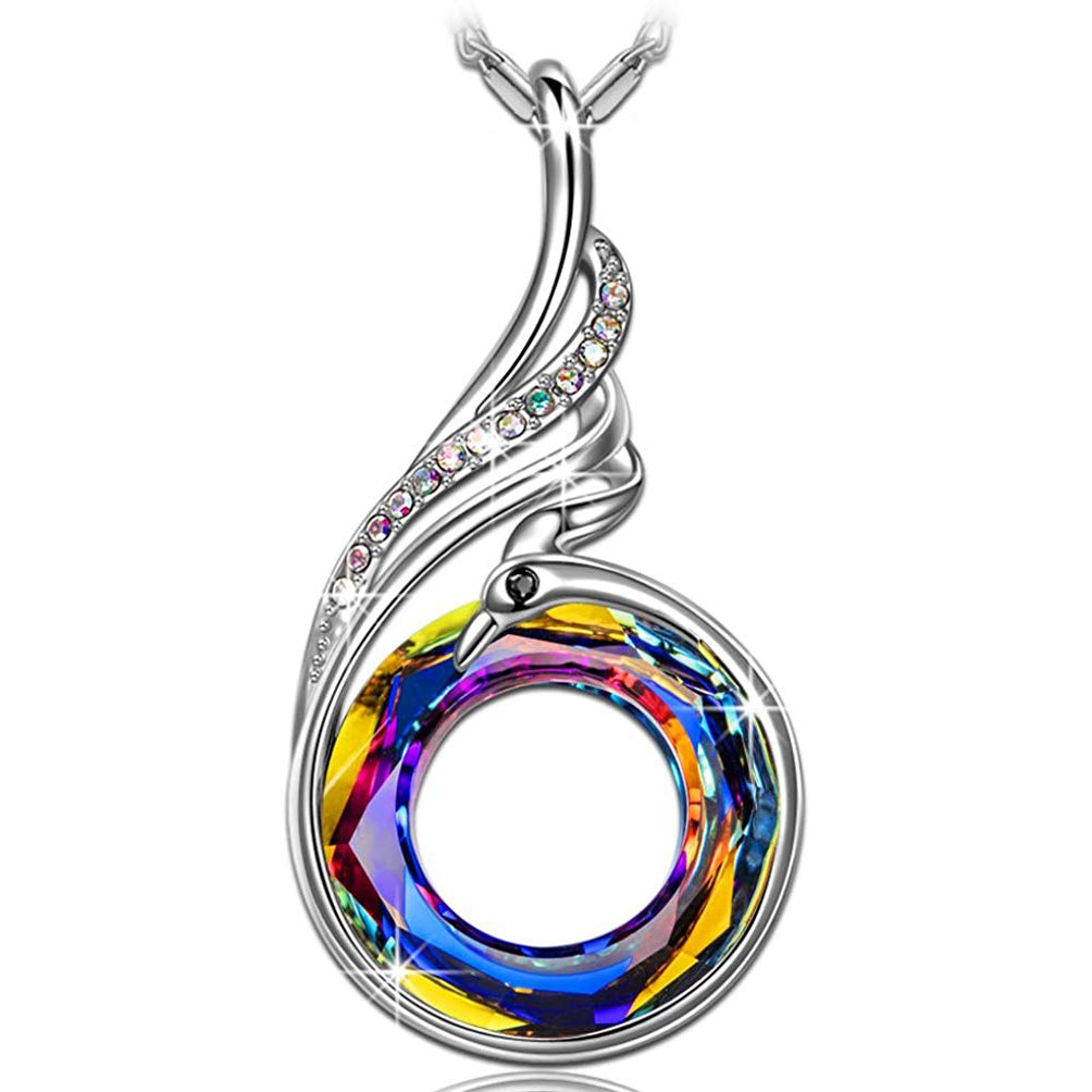 Elegant Dark Aurora Borealis Curved Rhombus Drop Necklace in 14K white gold plating with a stunning crystal pendant.