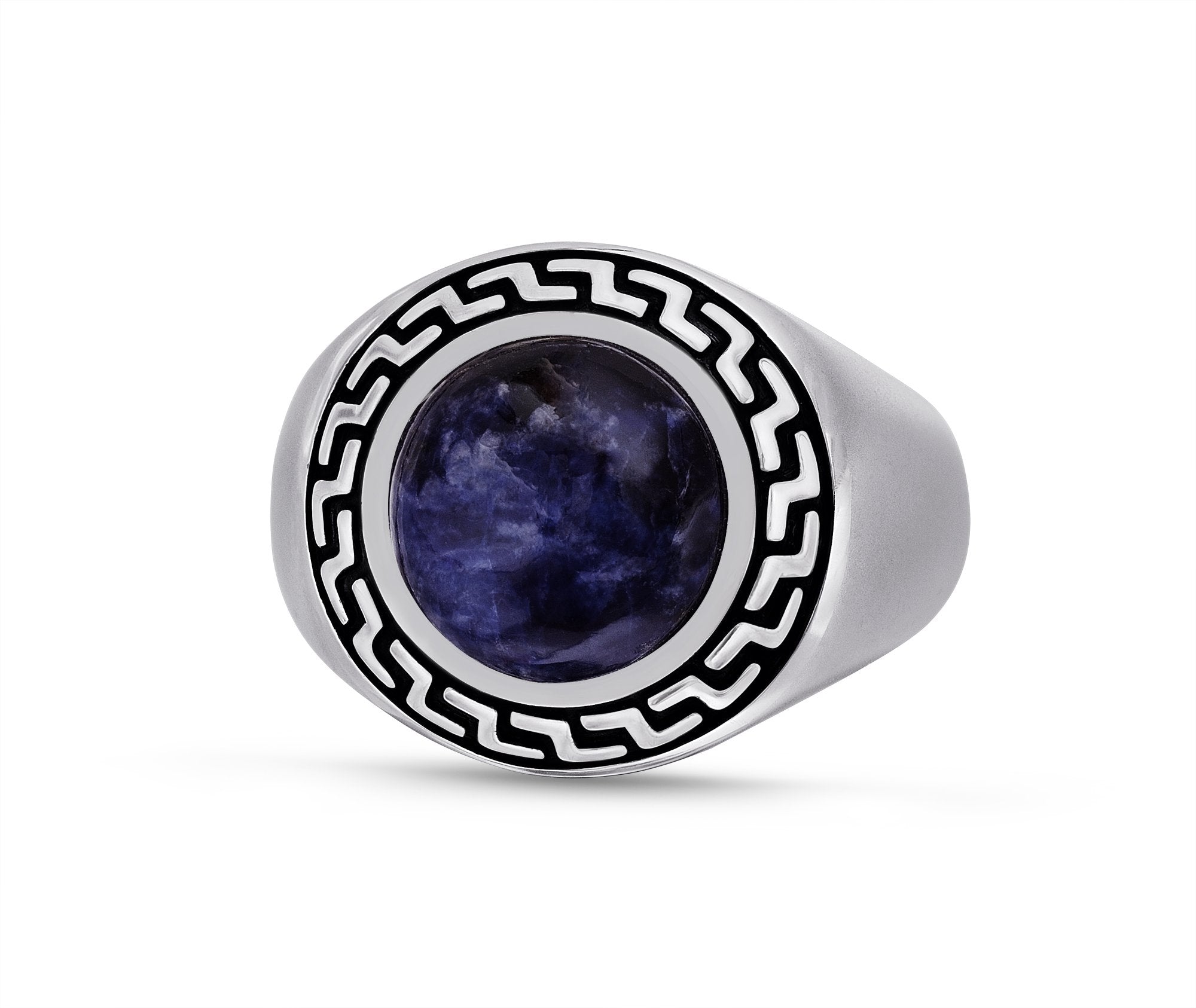 Dark Blue Sodalite Stone Signet Ring featuring black rhodium plated sterling silver with Aztec-inspired symbols.