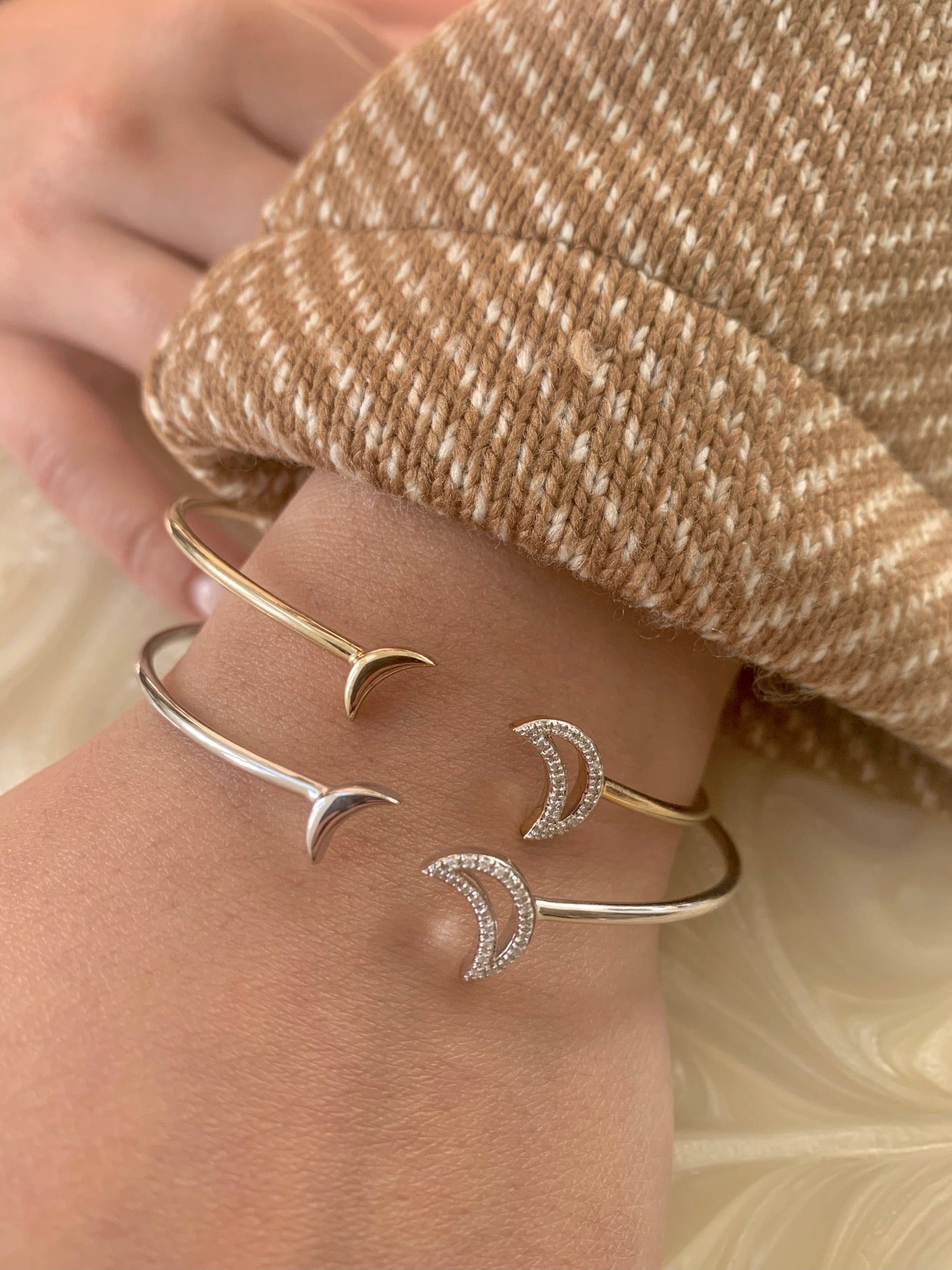 Date Night Double Crescent Adjustable Diamond Cuff in 14K Yellow Gold with genuine diamonds, showcasing its elegant design and luxurious finish.