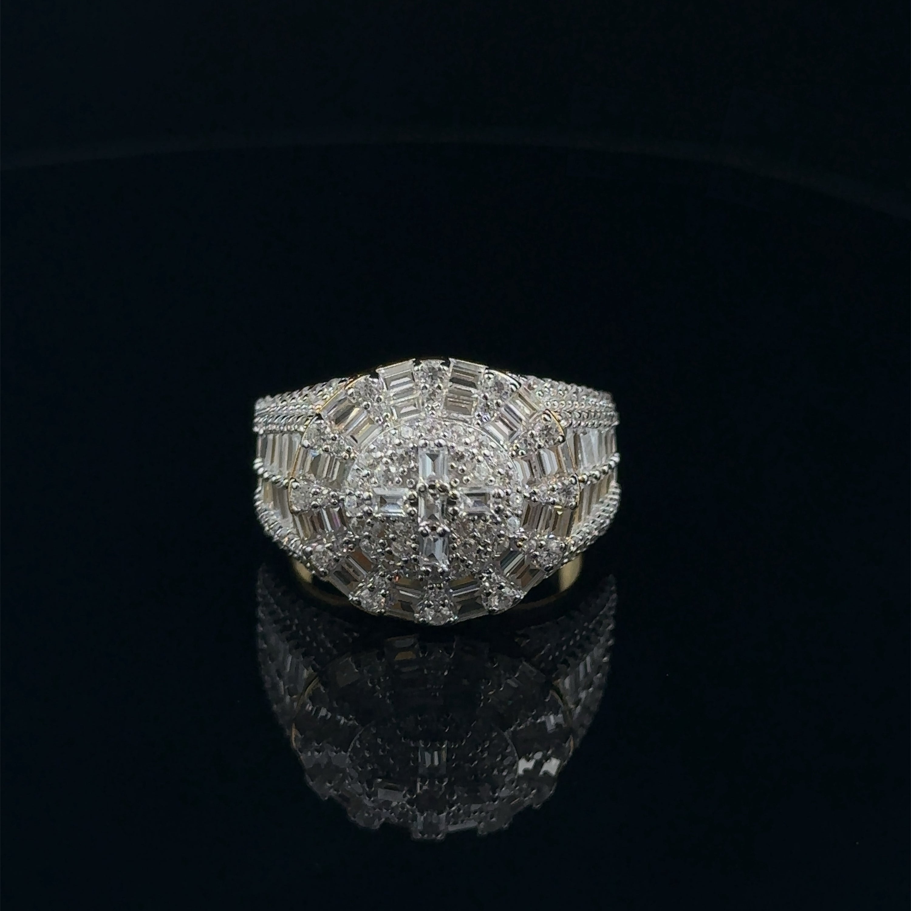 DAZZLE 925 CZ Yellow Gold Men's Iced Out Ring featuring cubic zircon stones on sterling silver with gold plating.