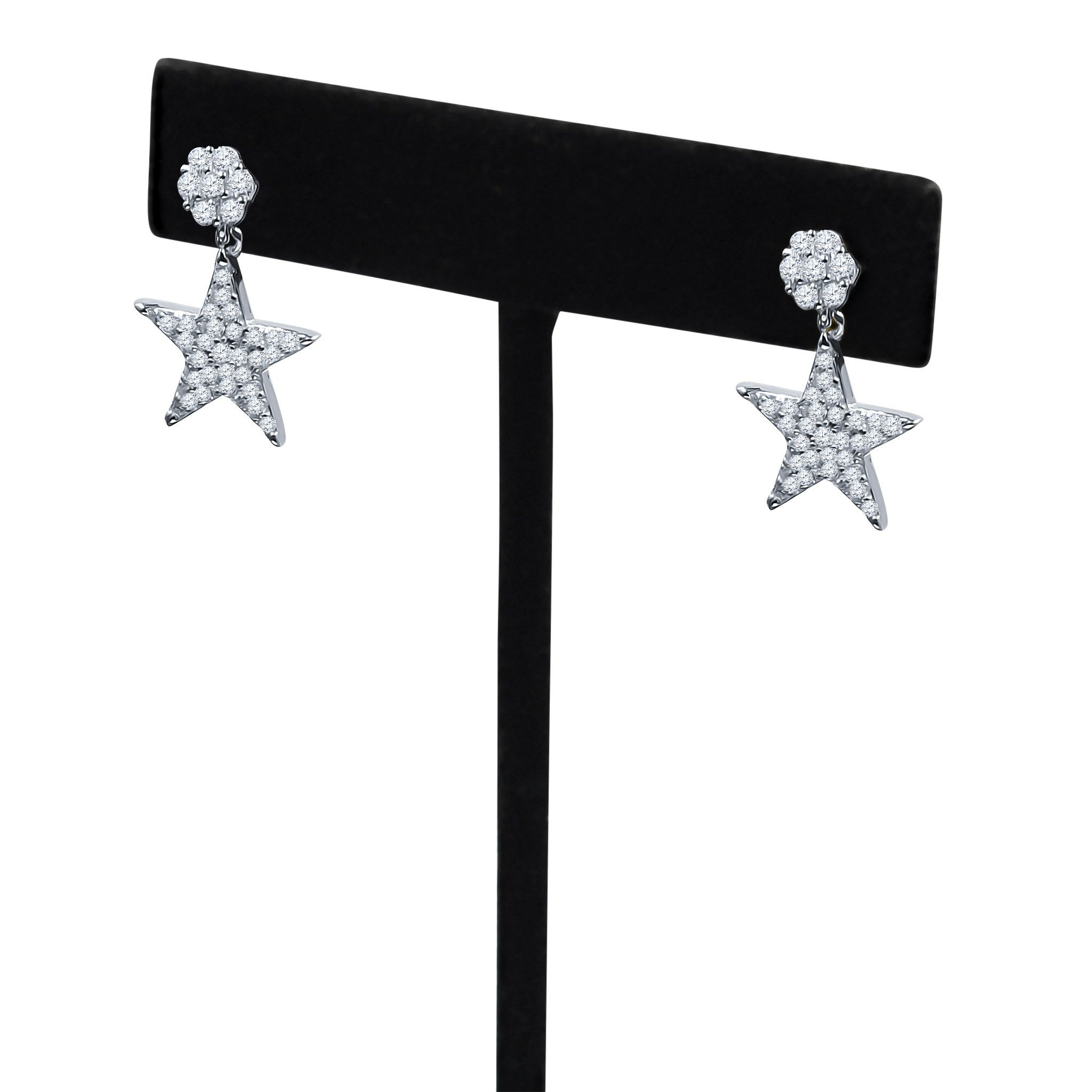 A pair of dazzling silver earrings featuring micro white cubic zirconia stones, elegantly designed with a drop style.