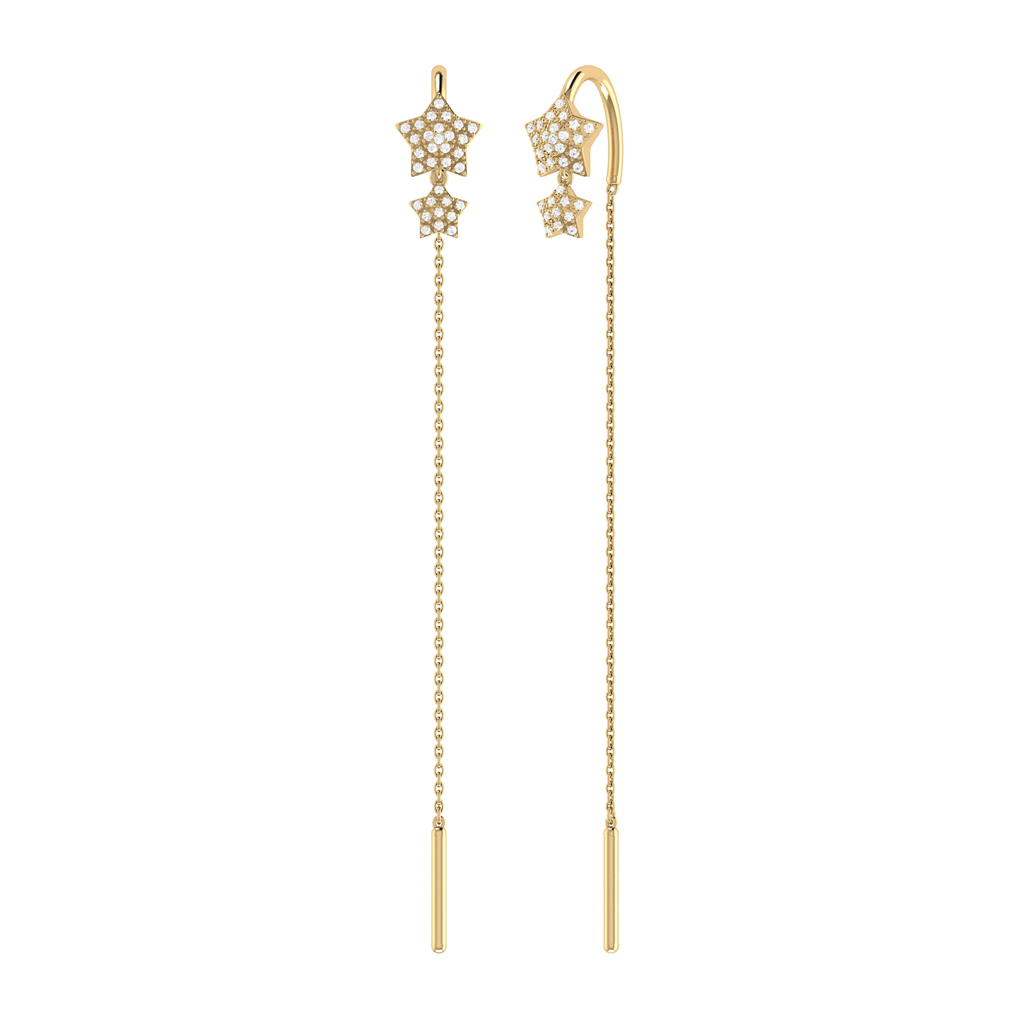 Dazzling Star Duo Tack-In Diamond Earrings in 14K Yellow Gold Vermeil, featuring sparkling diamonds and a unique cable chain design.