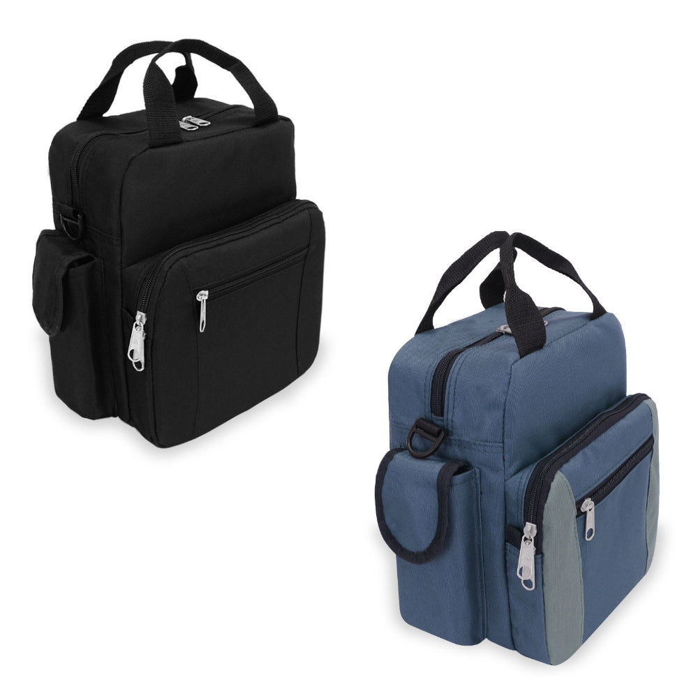 A versatile DELUXE UTILITY BAG made from durable 600D polyester, featuring multiple compartments, a padded shoulder strap, and grab handles.