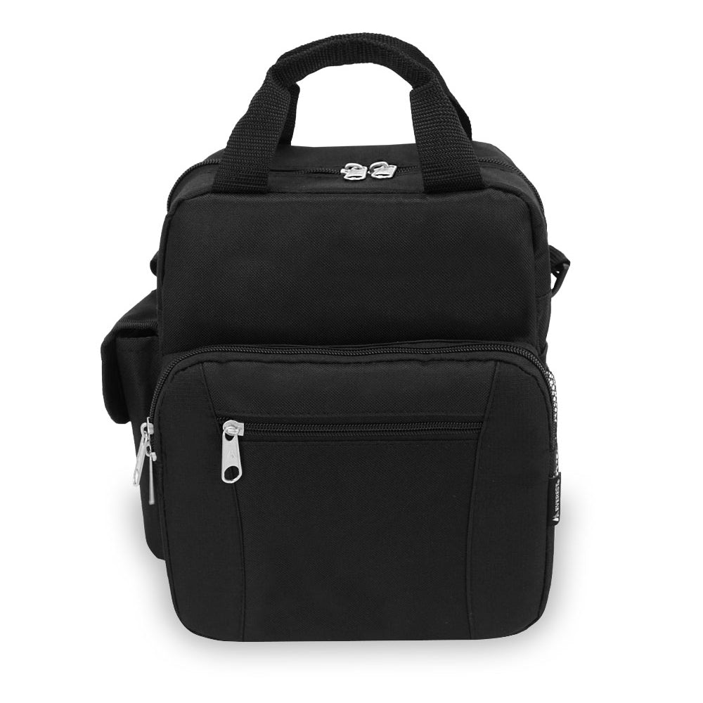 A versatile DELUXE UTILITY BAG made from durable 600D polyester, featuring multiple compartments, a padded shoulder strap, and grab handles.