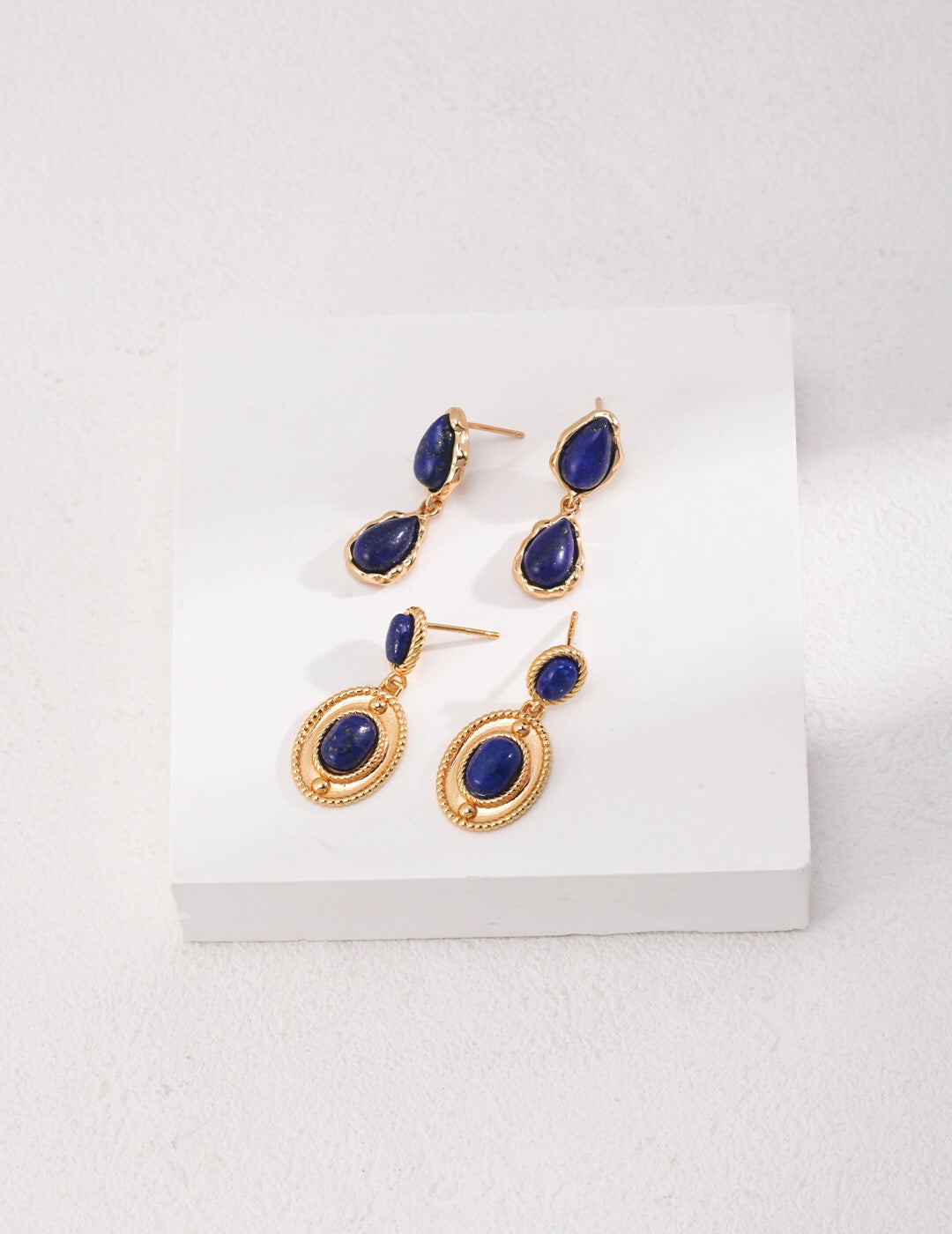 Elegant Deep Blue Lapis Drop Earrings featuring lapis lazuli stones and gold vermeil, showcasing a stylish drop design.