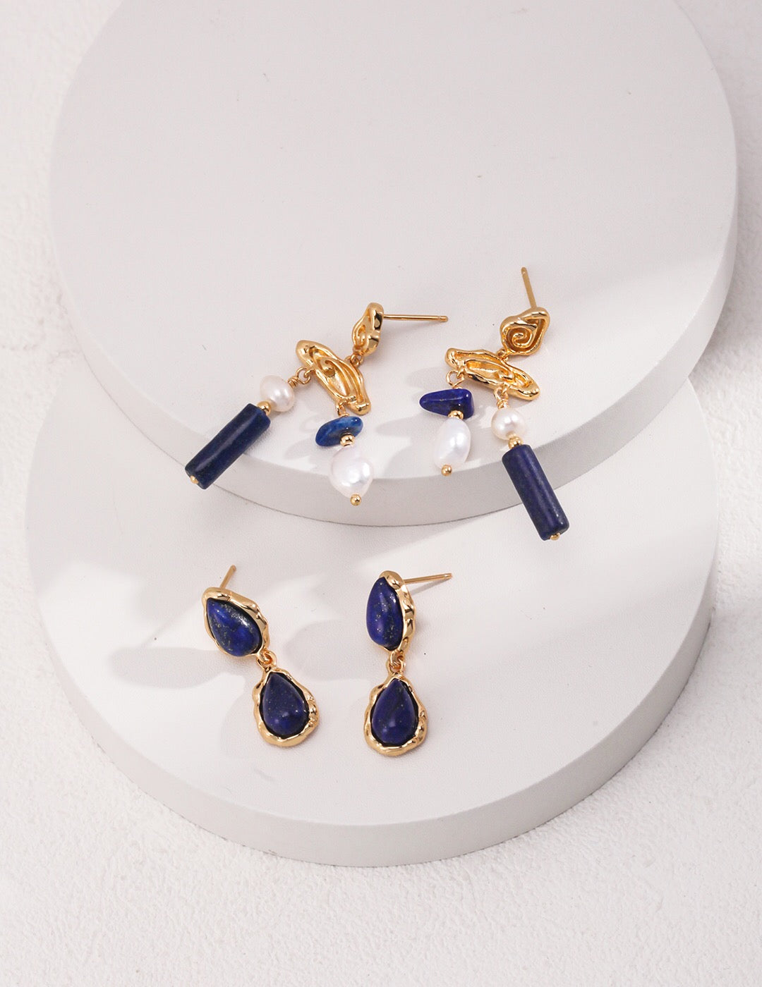 Elegant Deep Blue Lapis Drop Earrings featuring lapis lazuli stones and gold vermeil, showcasing a stylish drop design.