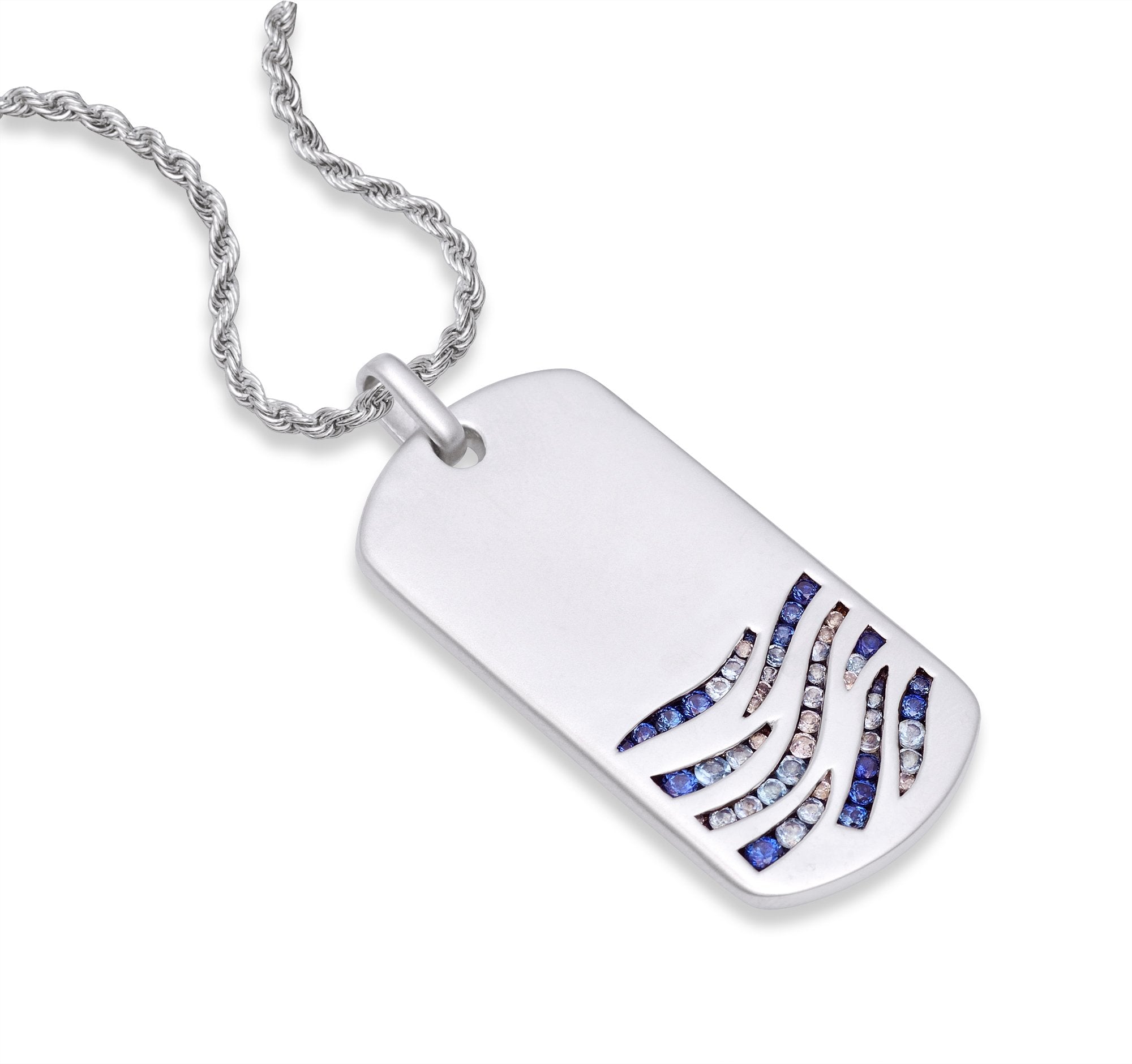 Deep Blue Sea Sterling Silver Tag with blue sapphire and topaz stones, featuring ocean wave motifs and a classic rope chain.