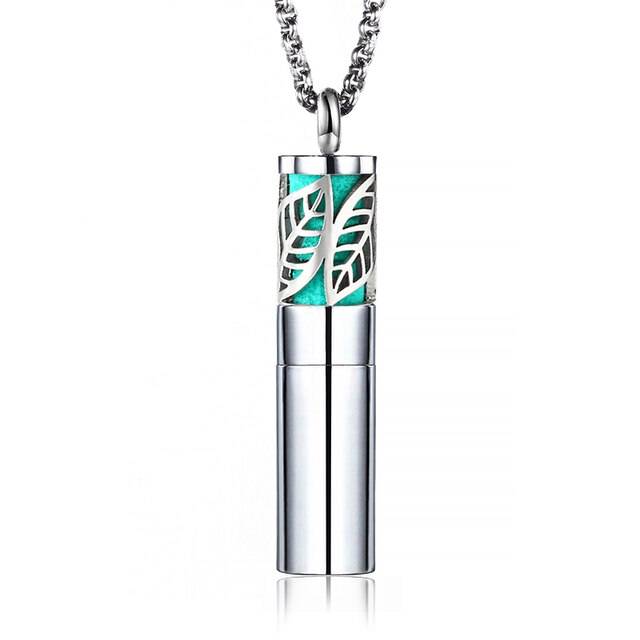 Designer Leaf Perfume Essential Oil Locket Bottle Necklace with assorted padding colors, showcasing its elegant silver design.
