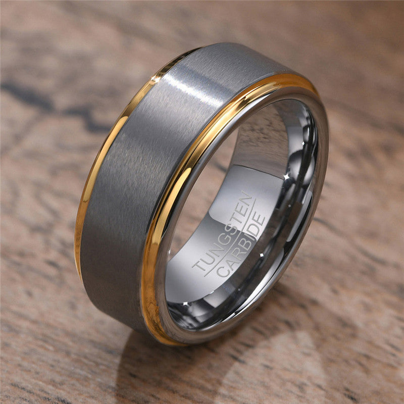 Designer Two Tone Grey and Gold Tungsten 8mm Men's Wedding Band Ring showcasing its elegant design and durable material.