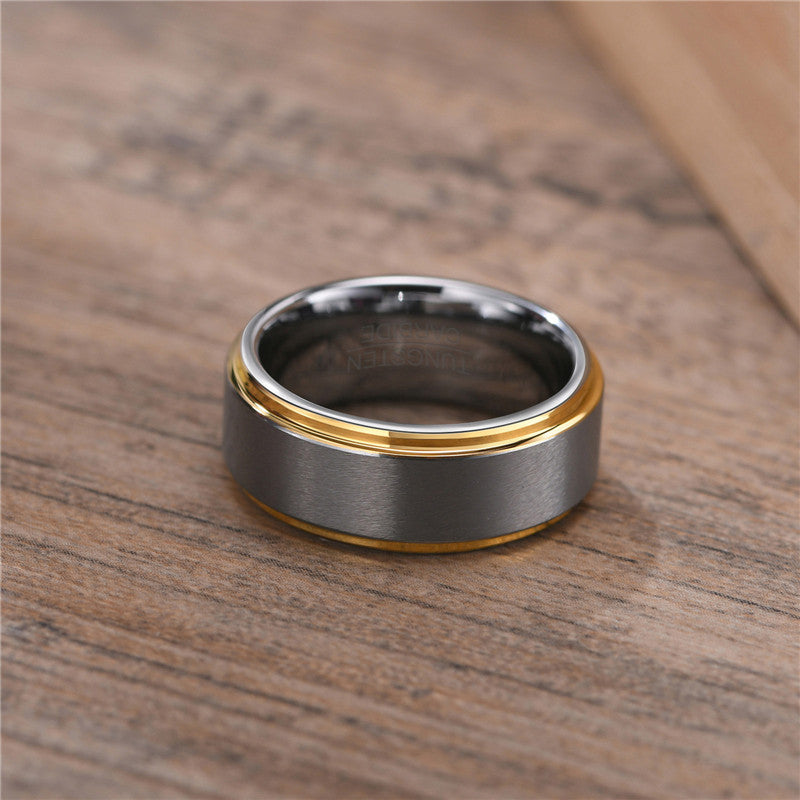 Designer Two Tone Grey and Gold Tungsten 8mm Men's Wedding Band Ring showcasing its elegant design and durable material.