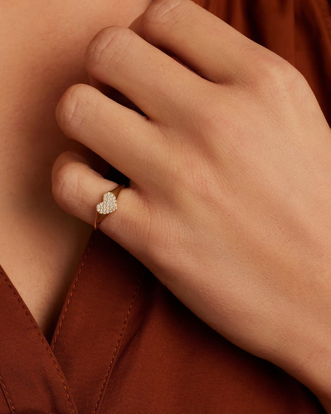 Elegant Diamond Heart Signet Ring crafted from solid gold with intricate diamond detailing and a romantic heart design.