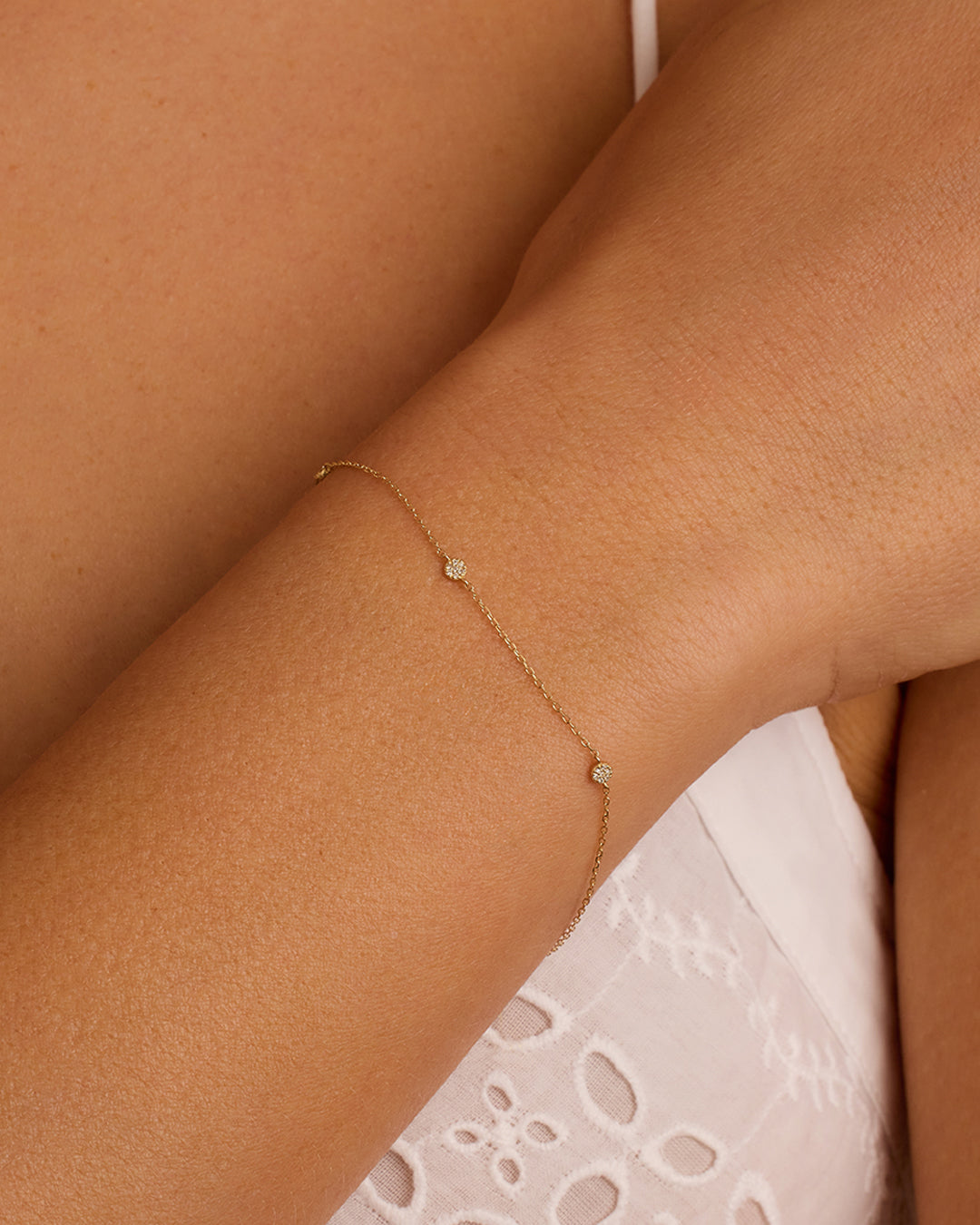 A close-up view of the Diamond Pave Dot Bracelet showcasing its elegant pave design and sparkling lab-grown diamonds.