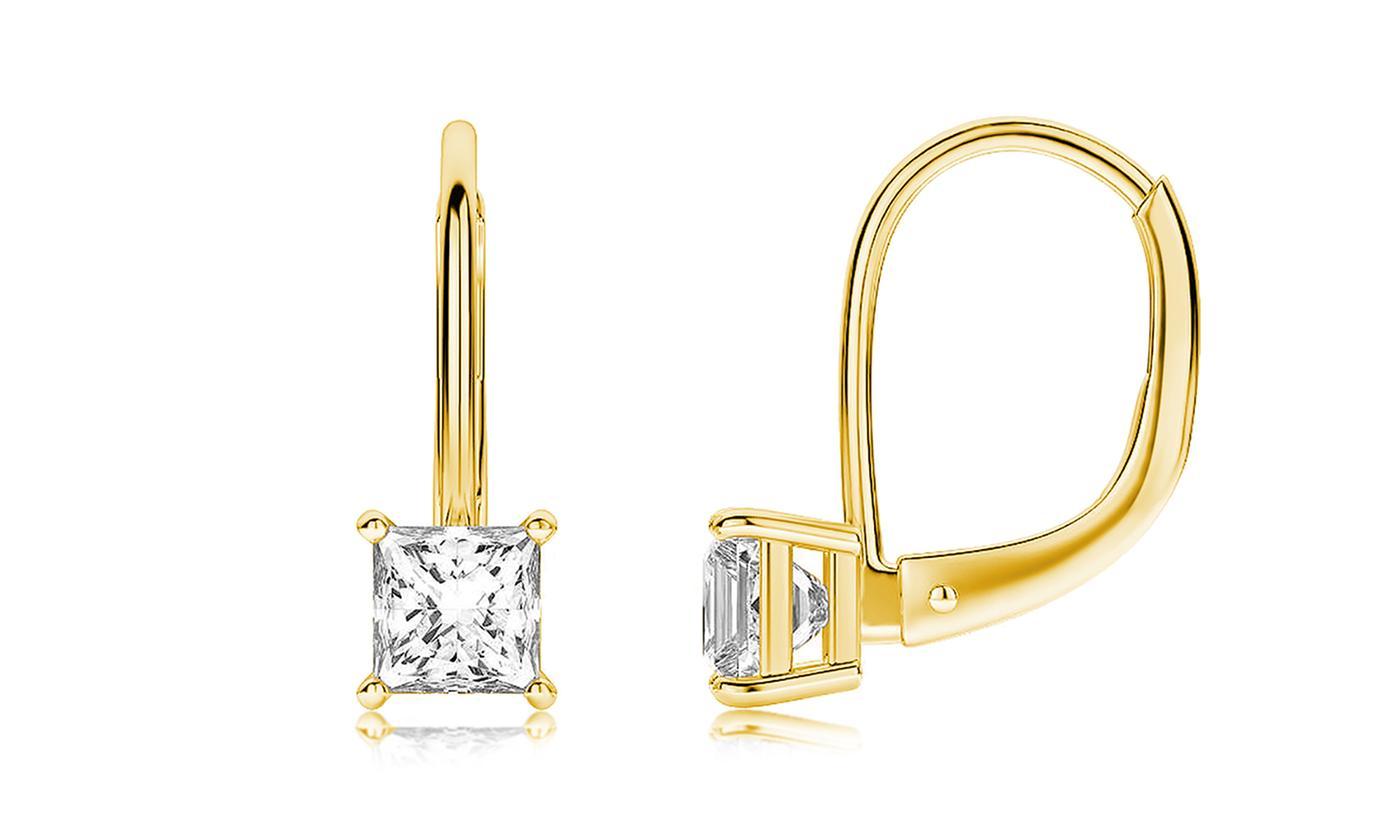 Elegant Diamond Princess Cut Leverback Earrings in 18K Gold Plated, showcasing a brilliant diamond and a secure leverback design.