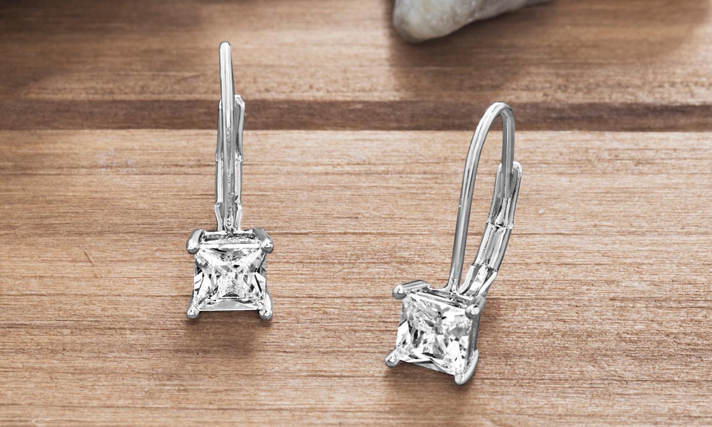 Elegant Diamond Princess Cut Leverback Earrings in 18K White Gold Plated, showcasing a sparkling diamond and a comfortable leverback design.