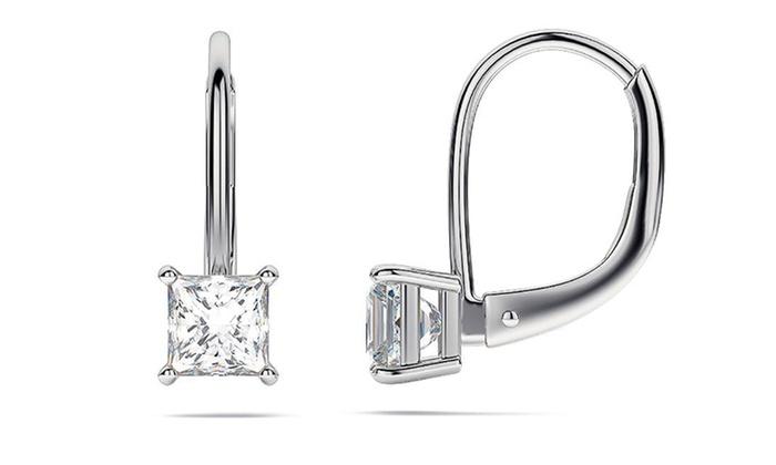 Elegant Diamond Princess Cut Leverback Earrings in 18K White Gold Plated, showcasing a sparkling diamond and a comfortable leverback design.