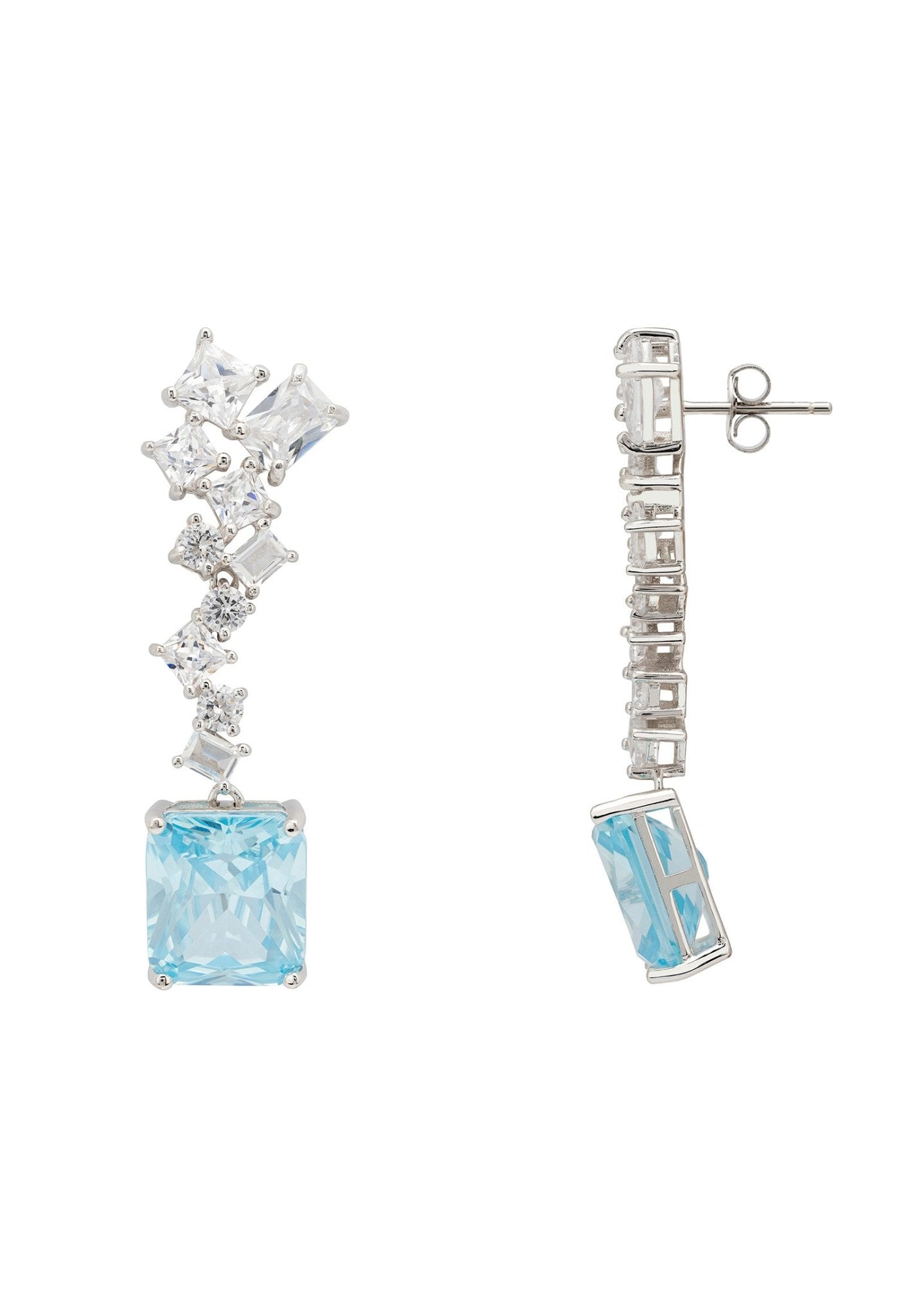 Diana Blue Topaz Drop Earrings in silver featuring a large rectangular blue topaz gemstone and intricate zig-zag design with simulated diamonds.