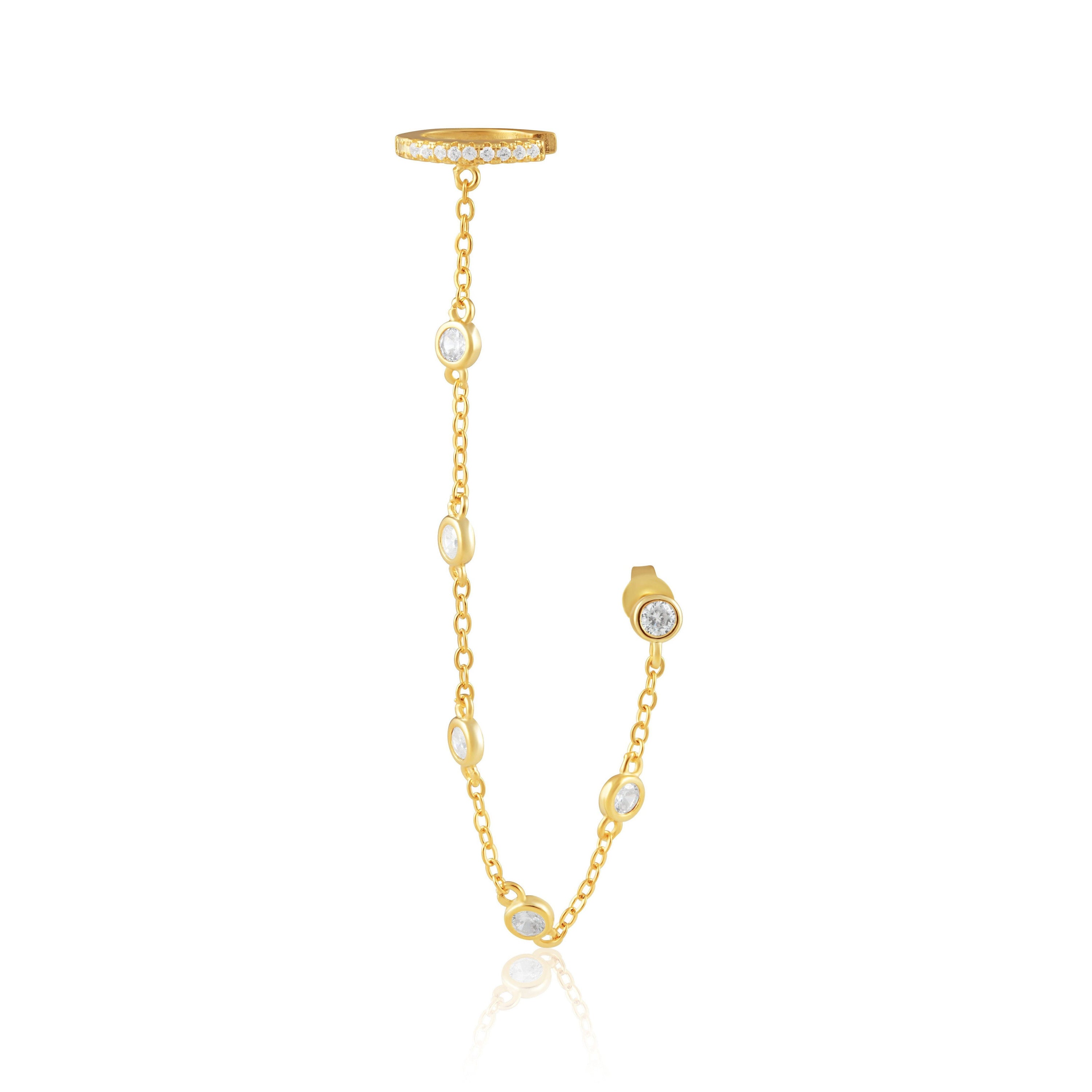Diana Ear Cuff featuring a 4-inch chain with cz stones, elegantly designed in 18k gold plated stainless steel.
