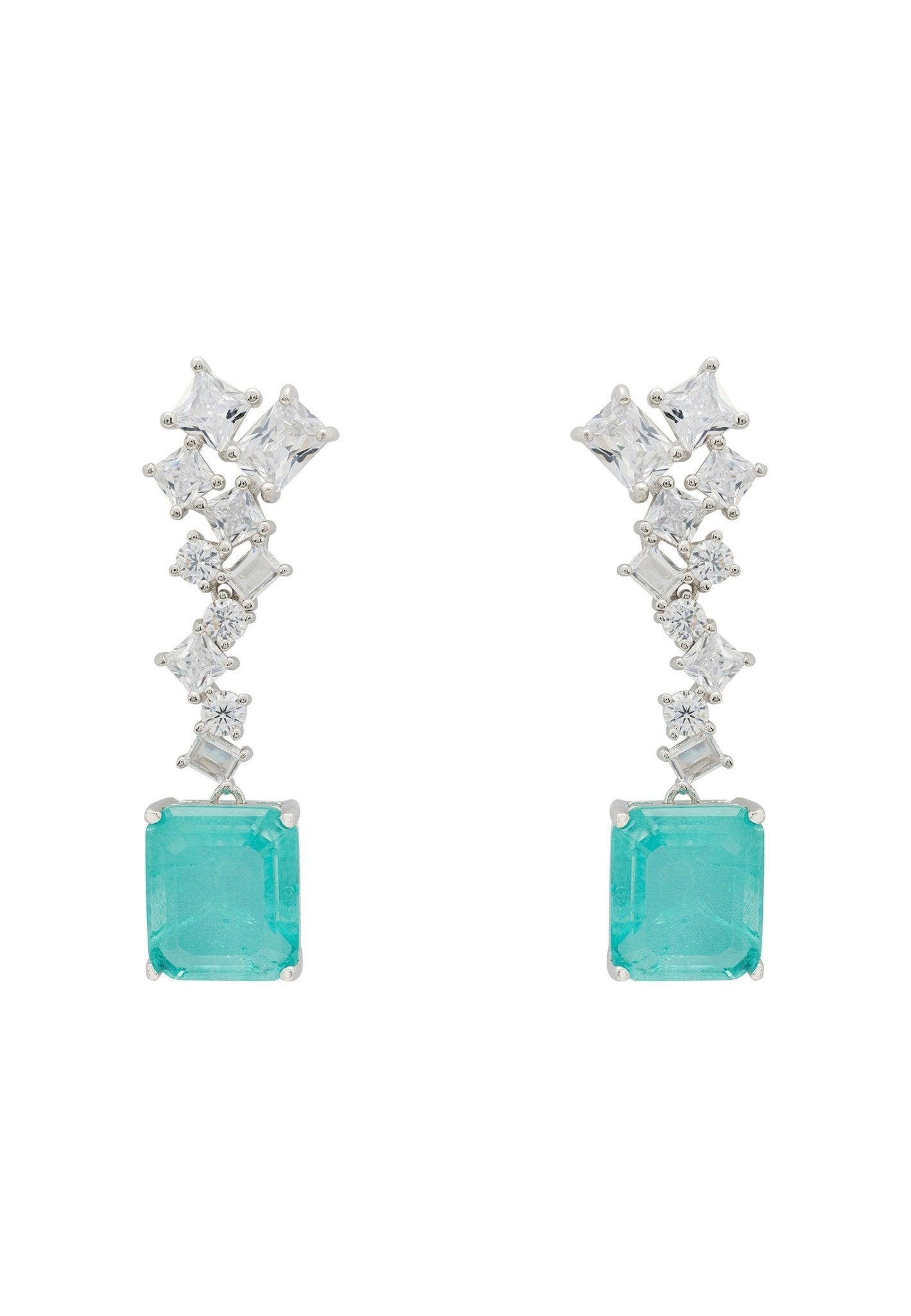 Diana Paraiba Tourmaline Drop Earrings in silver, featuring vibrant blue-green gemstones and intricate zig-zag design with simulated diamonds.