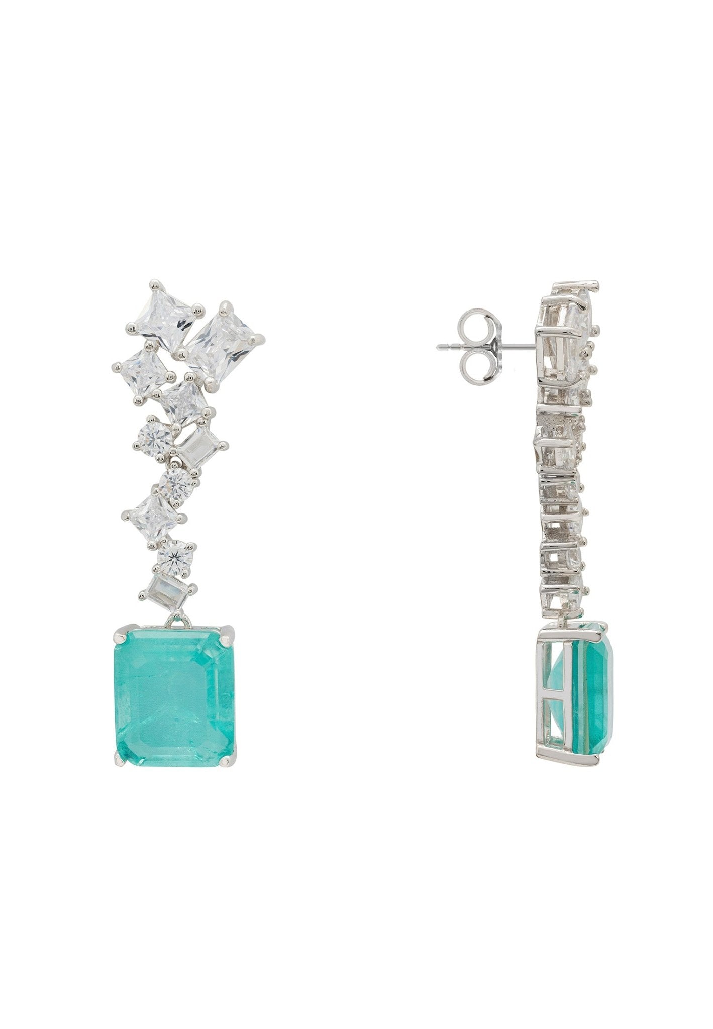 Diana Paraiba Tourmaline Drop Earrings in silver, featuring vibrant blue-green gemstones and intricate zig-zag design with simulated diamonds.