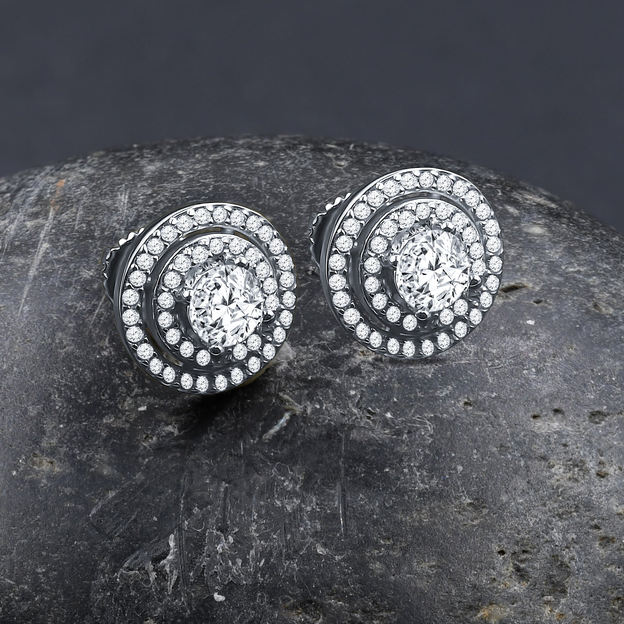 DISCOID screw back earrings featuring golden circular design with silver zirconia stones and delicate filigree rings.