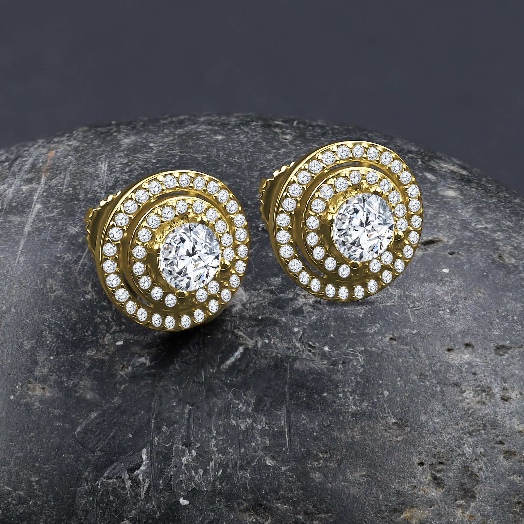 Elegant Discoid Screw Back earrings featuring golden circular design and sparkling silver zirconia stones.