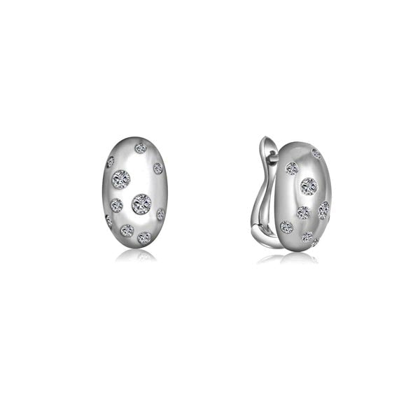 Elegant dome huggie earrings made of 925 sterling silver with a white gold finish and adorned with white sapphire stones.