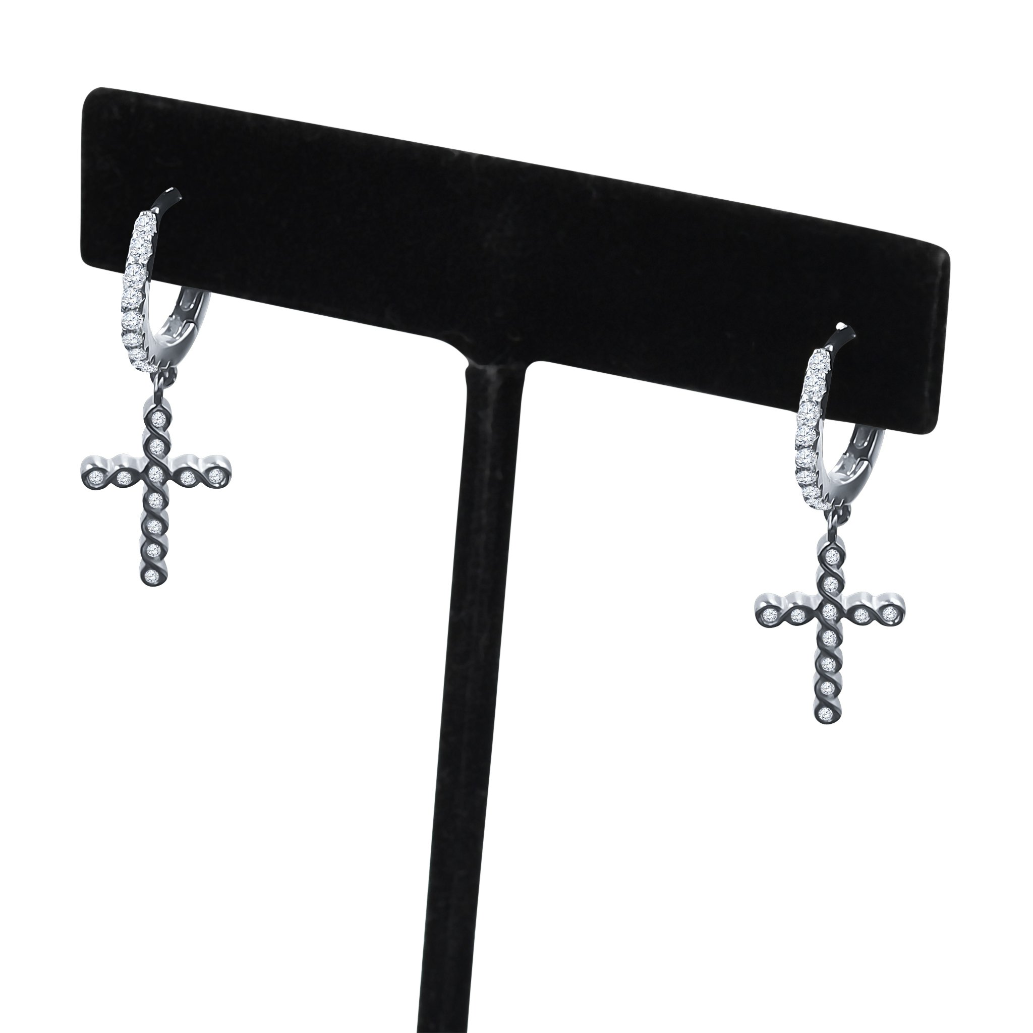 DOMINIQUE Silver Earrings featuring a hoop design with cubic zirconia stones and a cross symbol, elegantly crafted from 925 sterling silver.