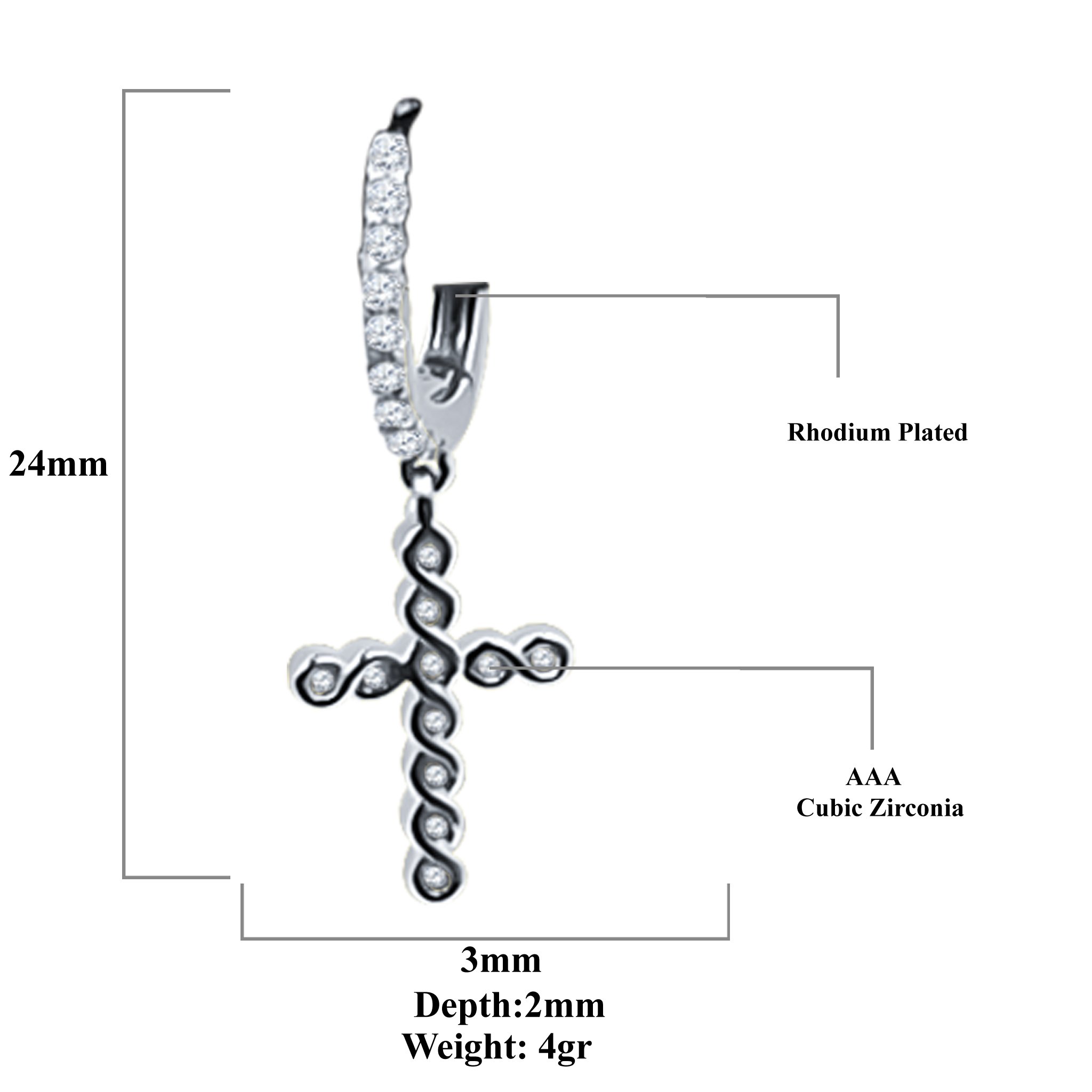 DOMINIQUE Silver Earrings featuring a hoop design with cubic zirconia stones and a cross symbol, elegantly crafted from 925 sterling silver.