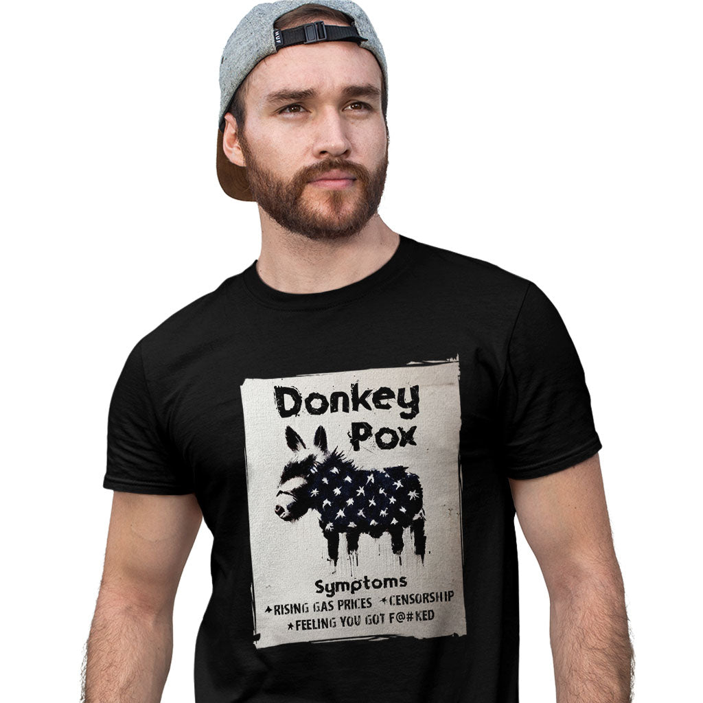 A humorous Donkey Pox T-Shirt made in the USA, featuring a playful text design on a soft jersey fabric.