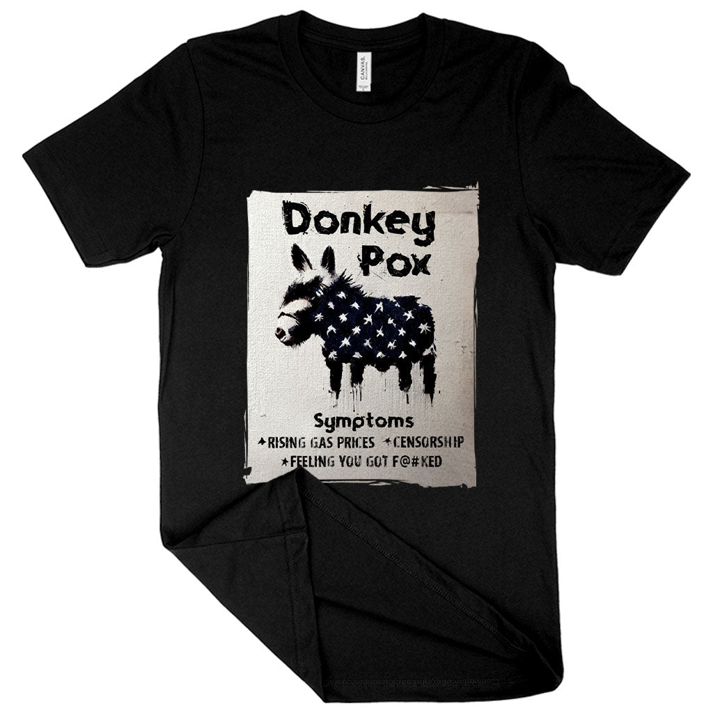 A humorous Donkey Pox T-Shirt made in the USA, featuring a playful text design on a soft jersey fabric.
