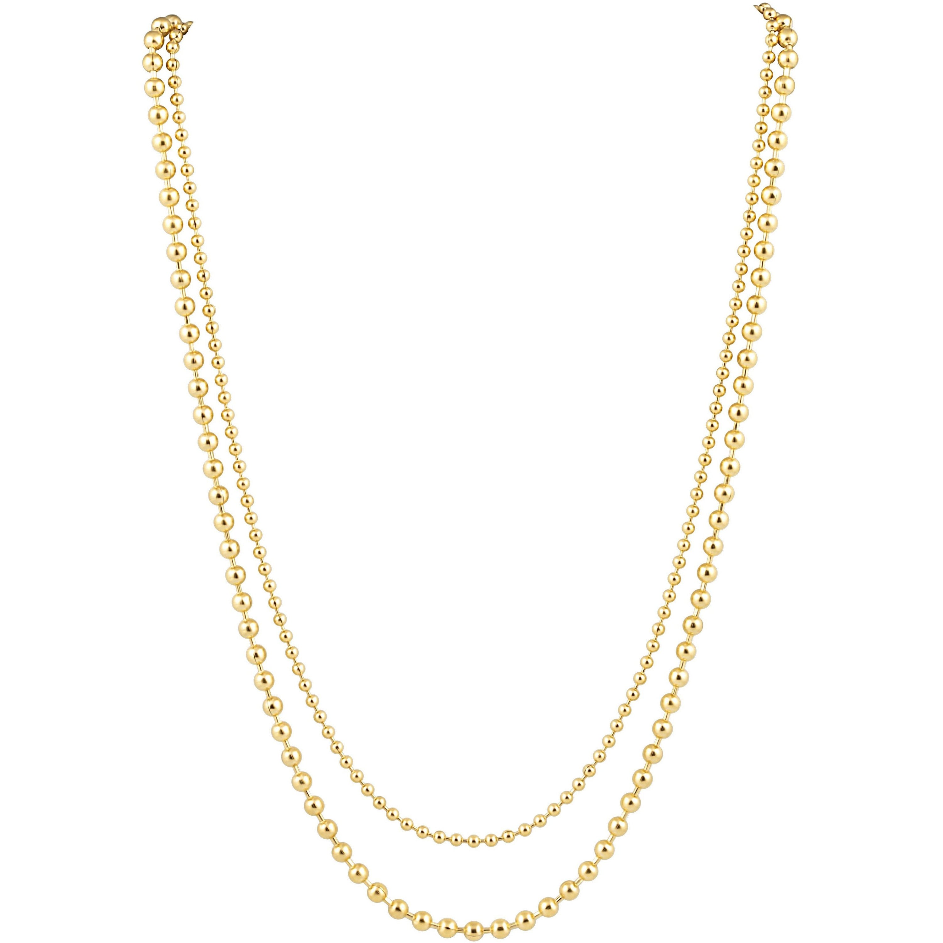 A stylish double beaded necklace featuring 18k gold plated stainless steel with a dainty layered design.