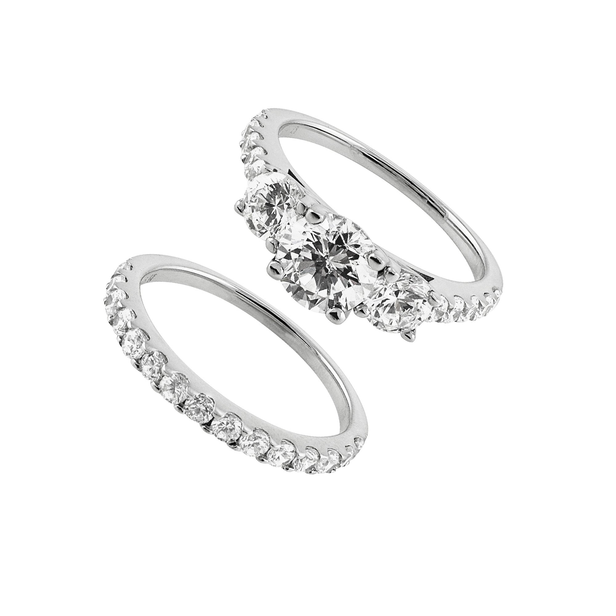 Elegant double engagement wedding ring featuring three sparkling white sapphires and cubic zirconia, set in 925 sterling silver with white gold finish.