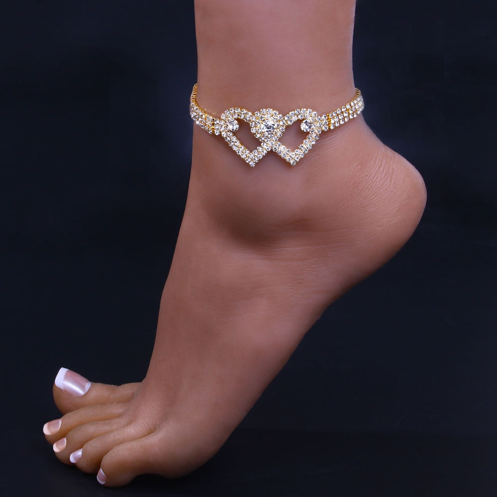 Double Heart Beach Ankles Jewelry Anklet Bracelet for Women, featuring a stylish double heart design with rhinestones on a zinc alloy base.