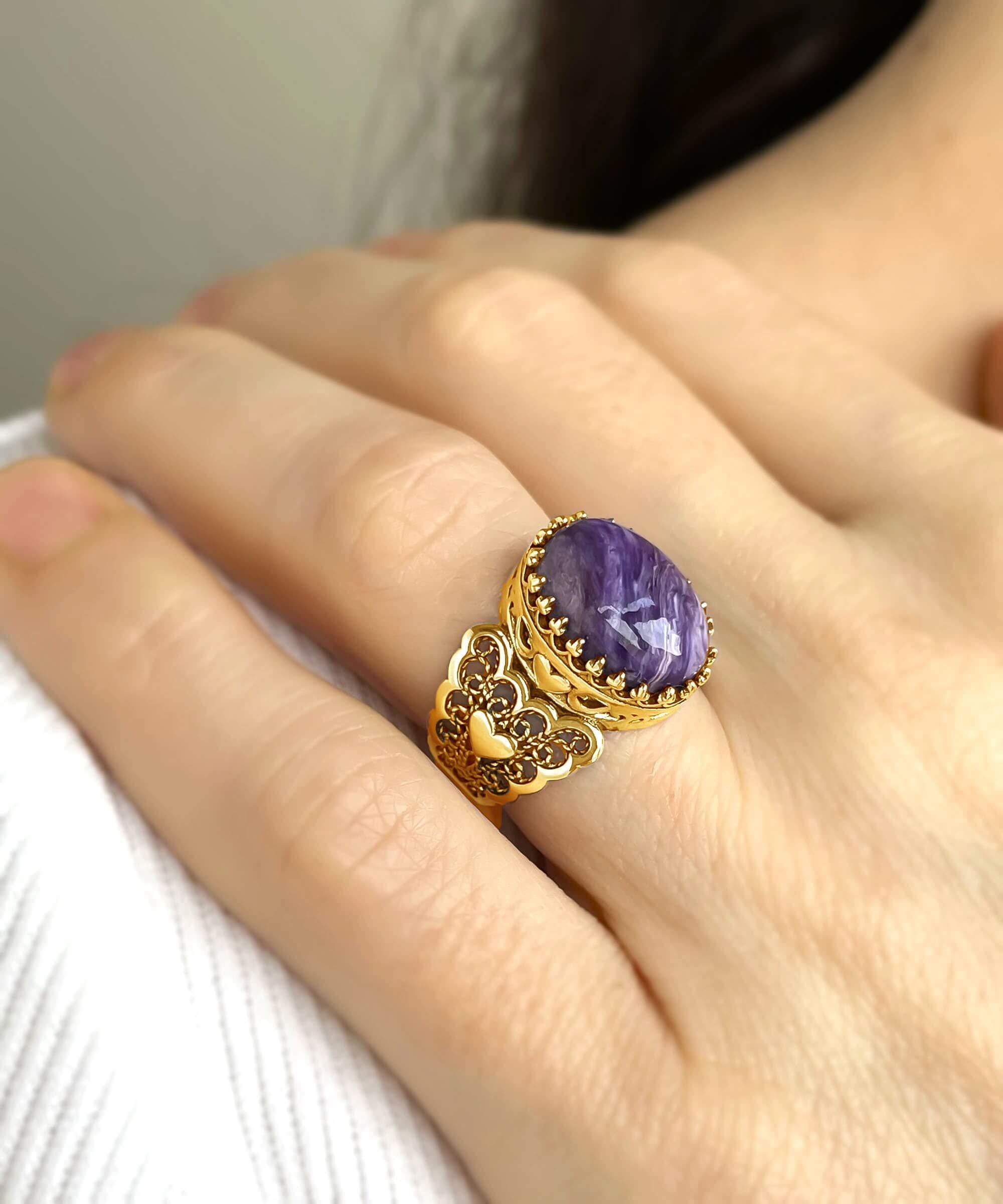 Double Heart Detailed Charoite Gemstone Filigree Art Gold Plated ring showcasing intricate design and elegant craftsmanship.