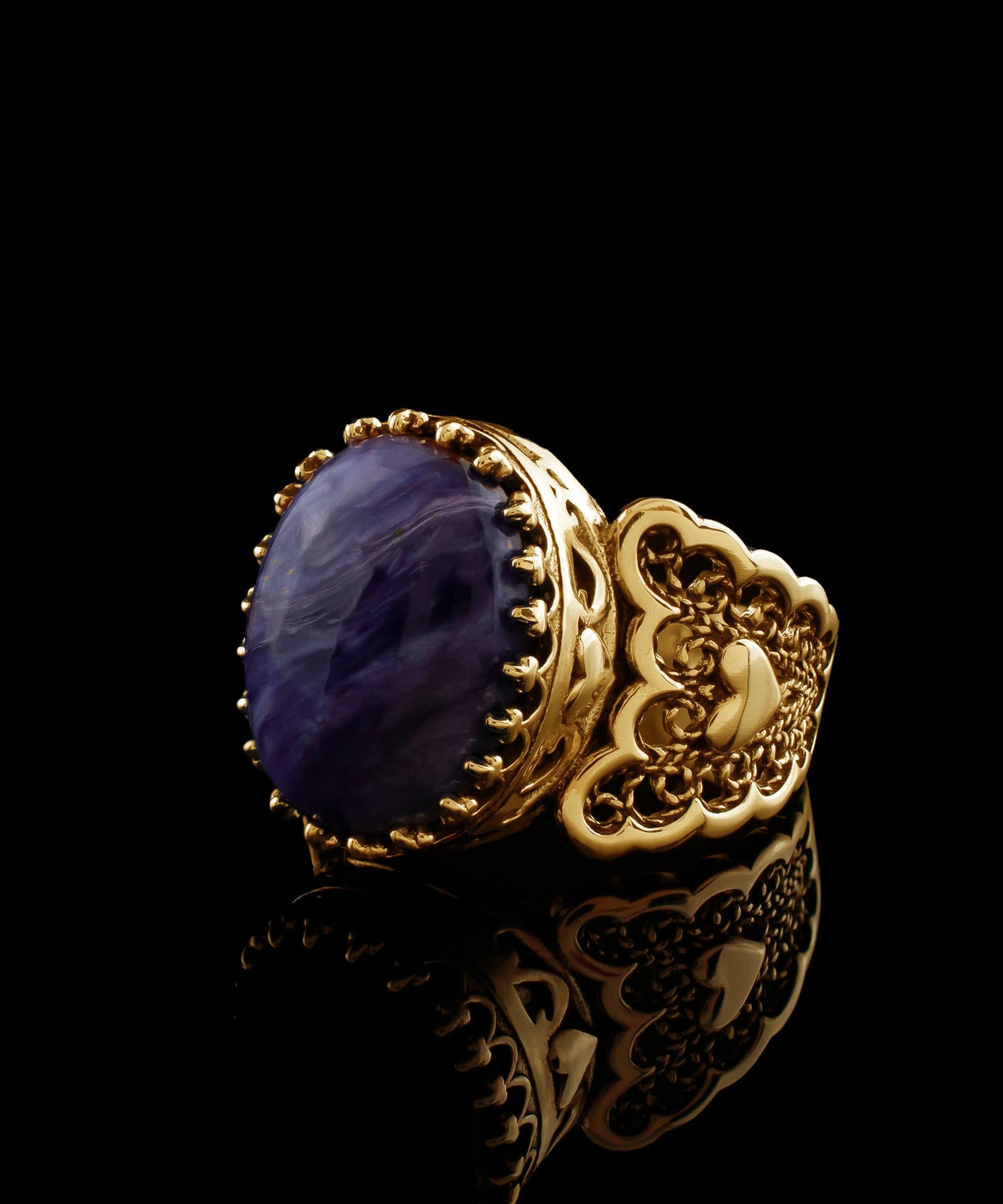 Double Heart Detailed Charoite Gemstone Filigree Art Gold Plated ring showcasing intricate design and elegant craftsmanship.
