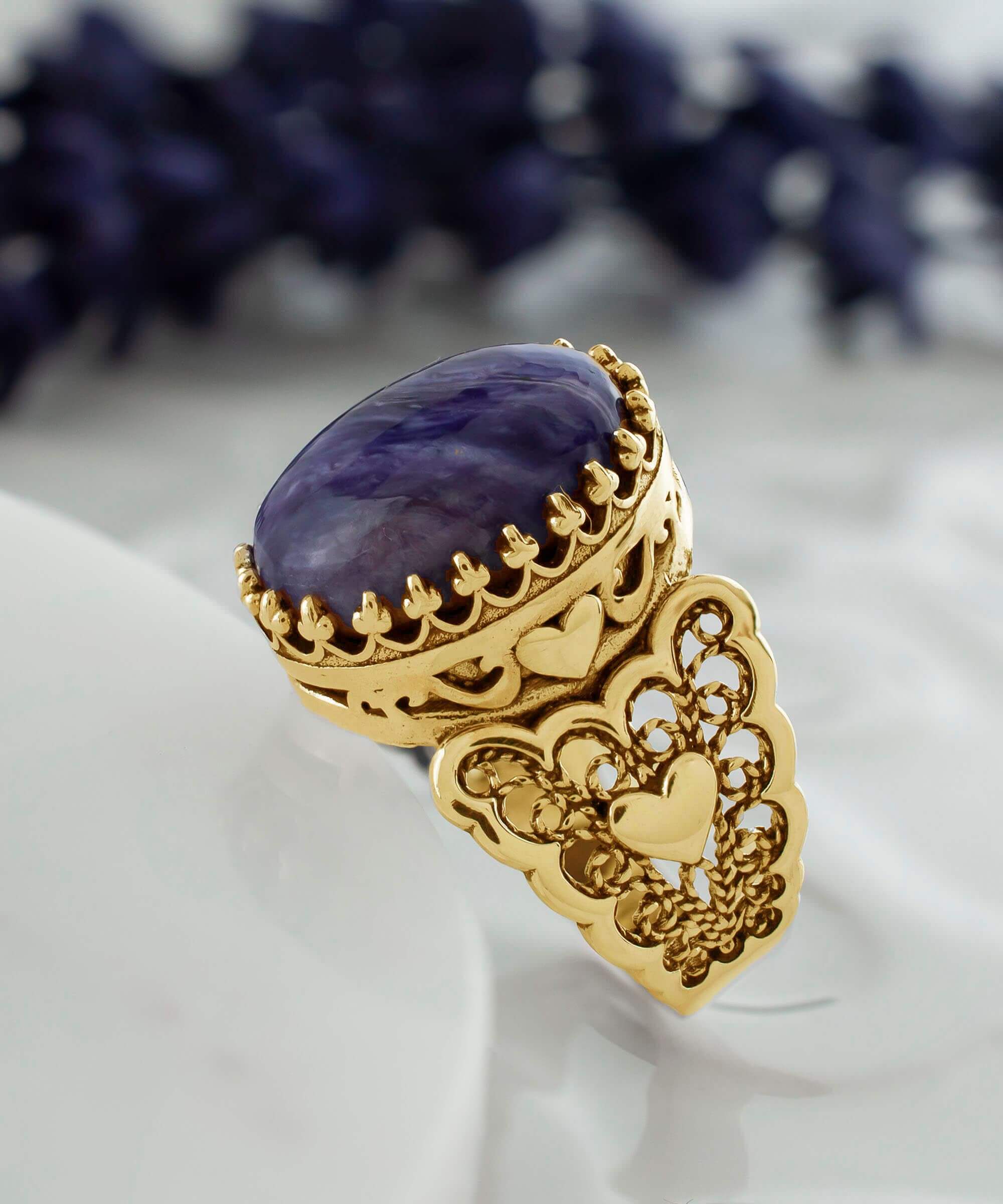 Double Heart Detailed Charoite Gemstone Filigree Art Gold Plated ring showcasing intricate design and elegant craftsmanship.